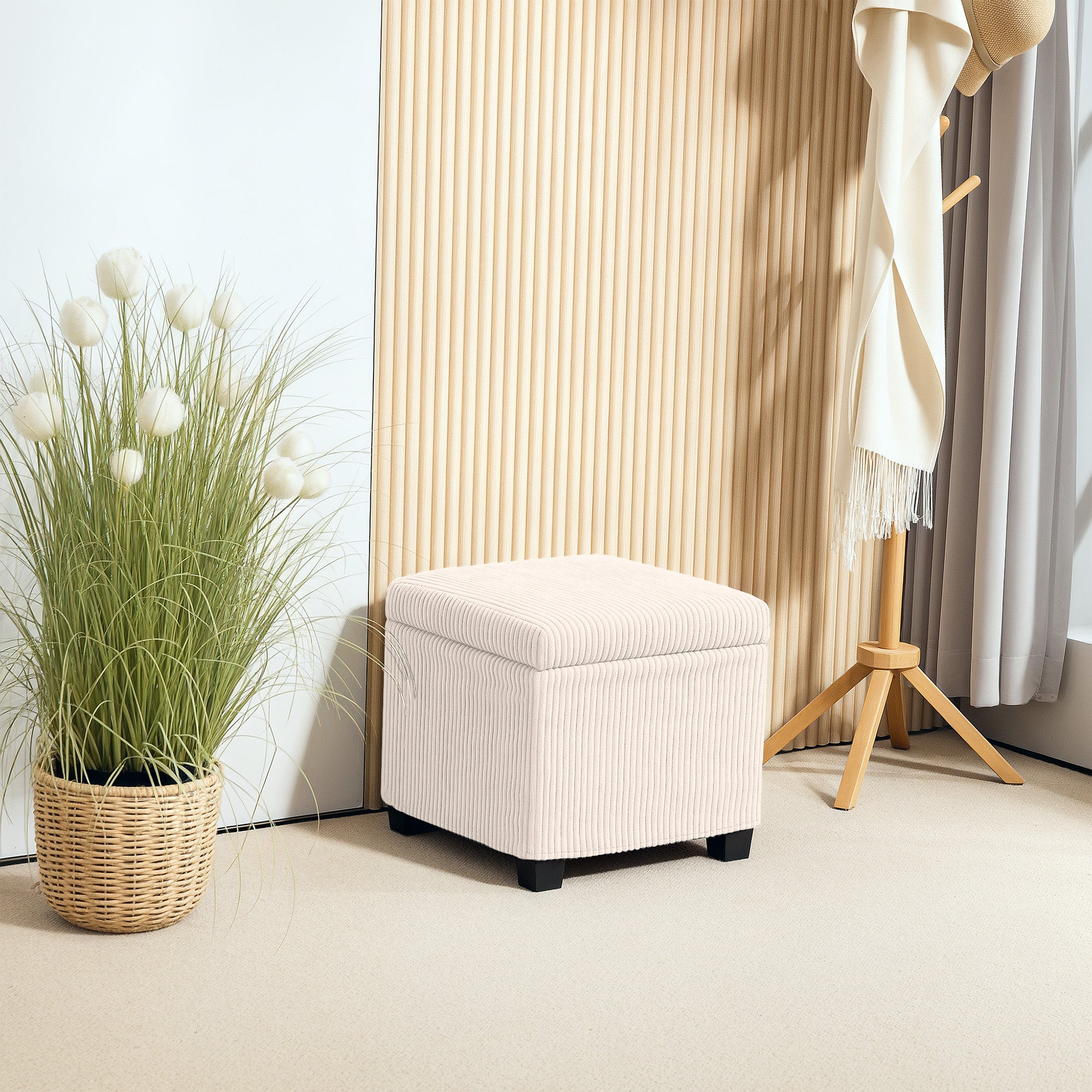HOMCOM Storage Ottoman Bench, Corduroy Footstool with Removable Lid and Legs, 40cm Storage Chest Box for Living Room, Bedroom, Hallway, Beige - North Peak Garden Furniture