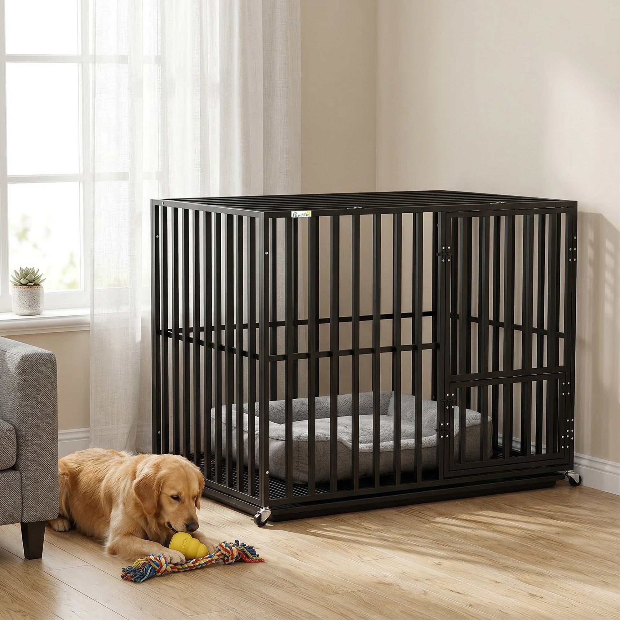 PawHut Heavy Duty Dog Crate, Dog Cage with Wheels for Extra Large Breeds, Metal Pet Kennel with Removable Tray