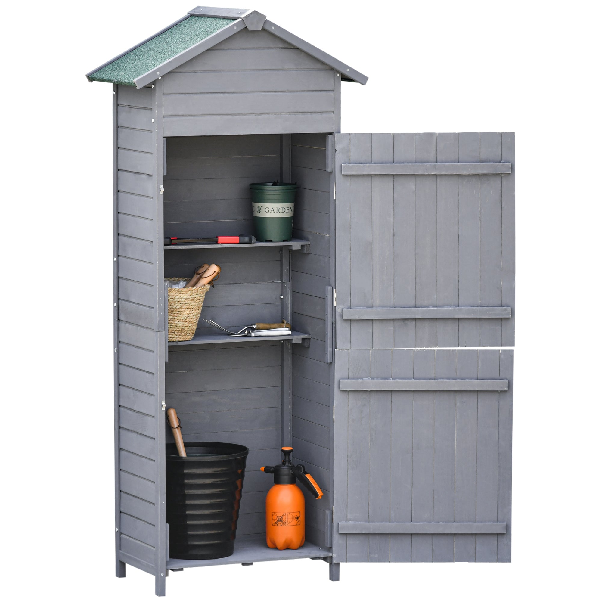 Outsunny Wooden Garden Storage Shed Utility Gardener Cabinet w/ 3 Shelves, Tilted-felt Roof and Two Lockable Doors, 79cm x 49cm x 191.5cm, Dark Grey - North Peak Garden Furniture