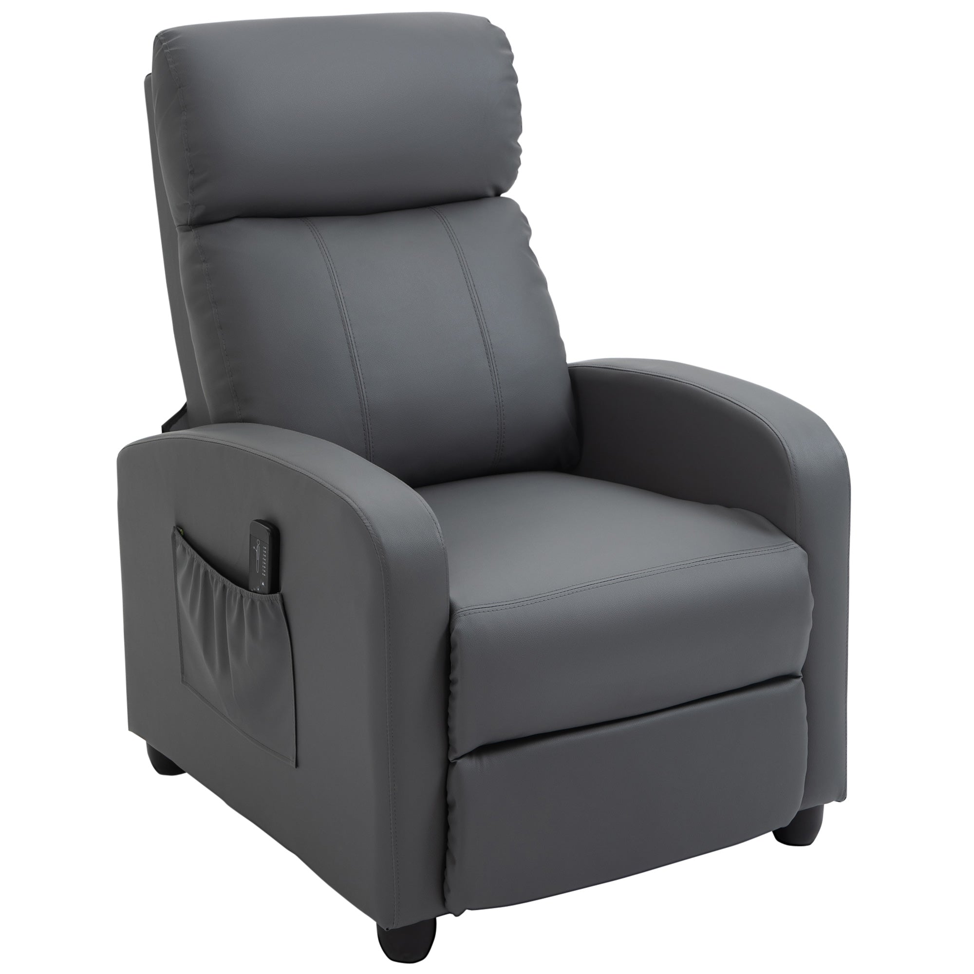 HOMCOM Recliner Armchair, Massage Faux Leather Push Back Reclining Chair with Adjustable Leg Rest, Side Pocket, for Home Living Room Theatre, Grey - North Peak Garden Furniture