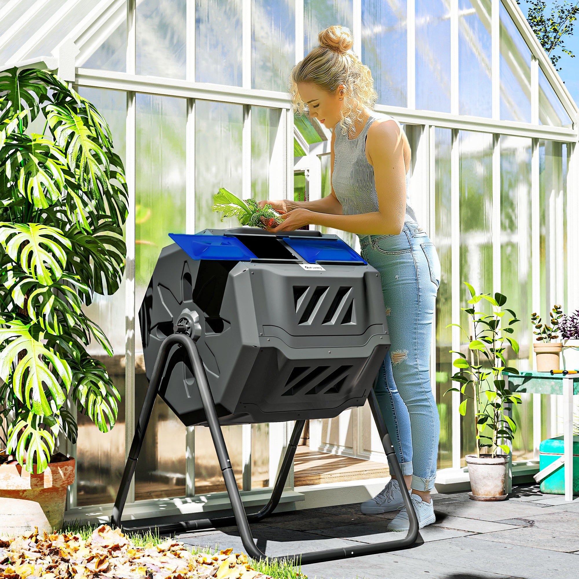 Outsunny 160L Tumbling Compost Bin Outdoor Dual Chamber 360° Rotating Composter, Garden Compost Bin w/ Sliding Doors & Solid Steel Frame, Blue - North Peak Garden Furniture