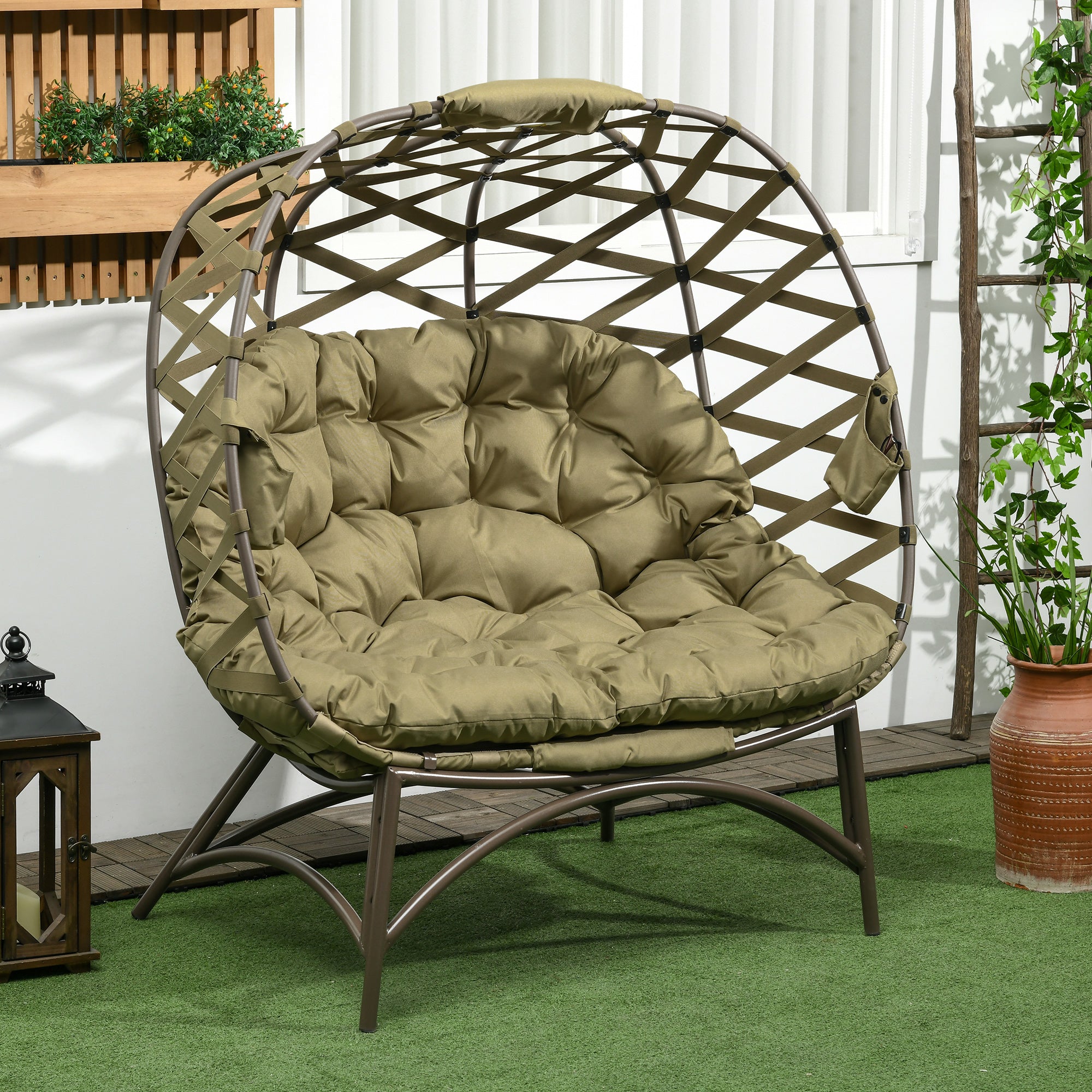 Outsunny 2 Seater Egg Chair Outdoor, Folding Weave Garden Furniture Chair with Cushion, Cup Pockets - Khaki - North Peak Garden Furniture
