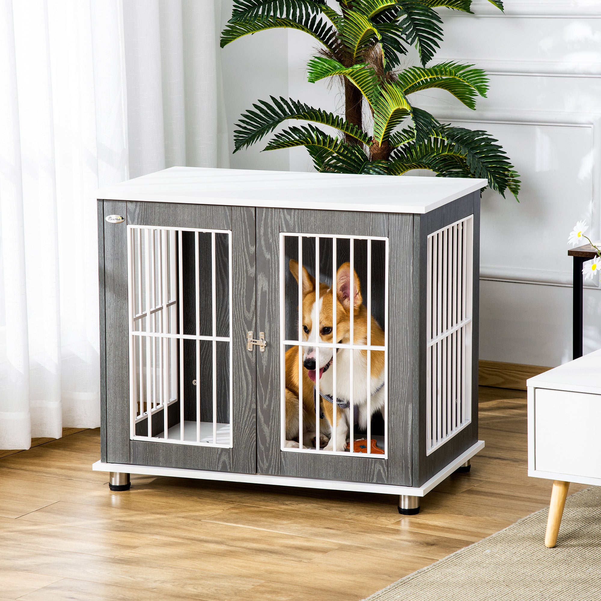 PawHut Dog Crate Wooden Pet Kennel Cage End Table w/ Lockable Door for Small Medium Dog Grey & White 85 x 55 x 75 cm - North Peak Garden Furniture