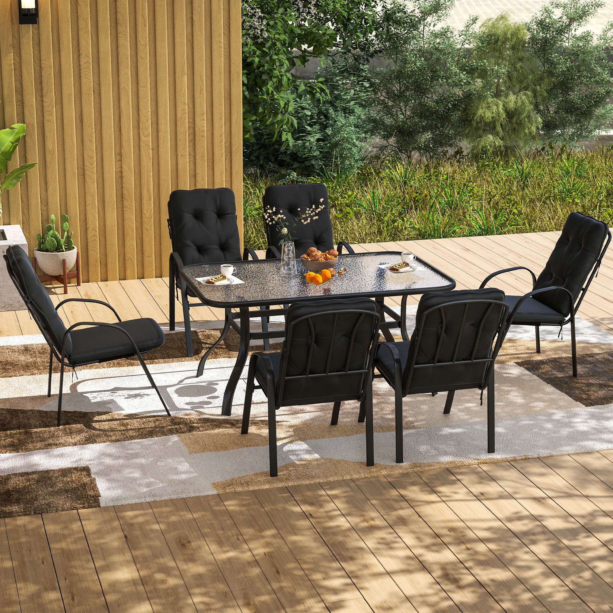 Outsunny Seven-Piece Garden Dining Set with Cushions - Black - North Peak Garden Furniture