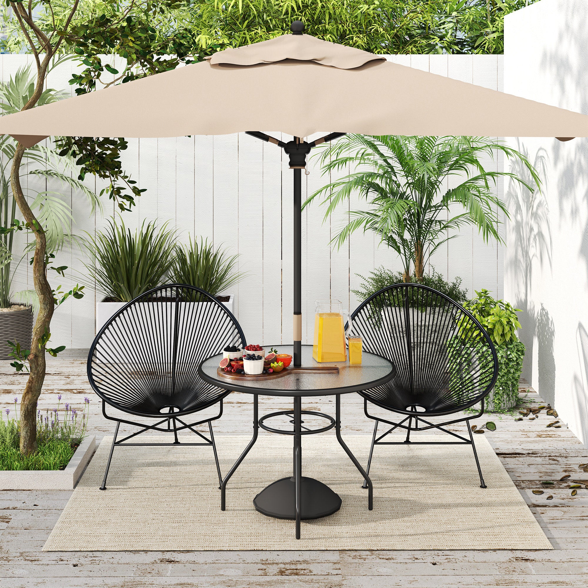 Outsunny 100 cm Round Dining Table with Parasol Hole, Outdoor Coffee End Side Table with Tempered Glass Top, Steel Frame for Garden, Black - North Peak Garden Furniture