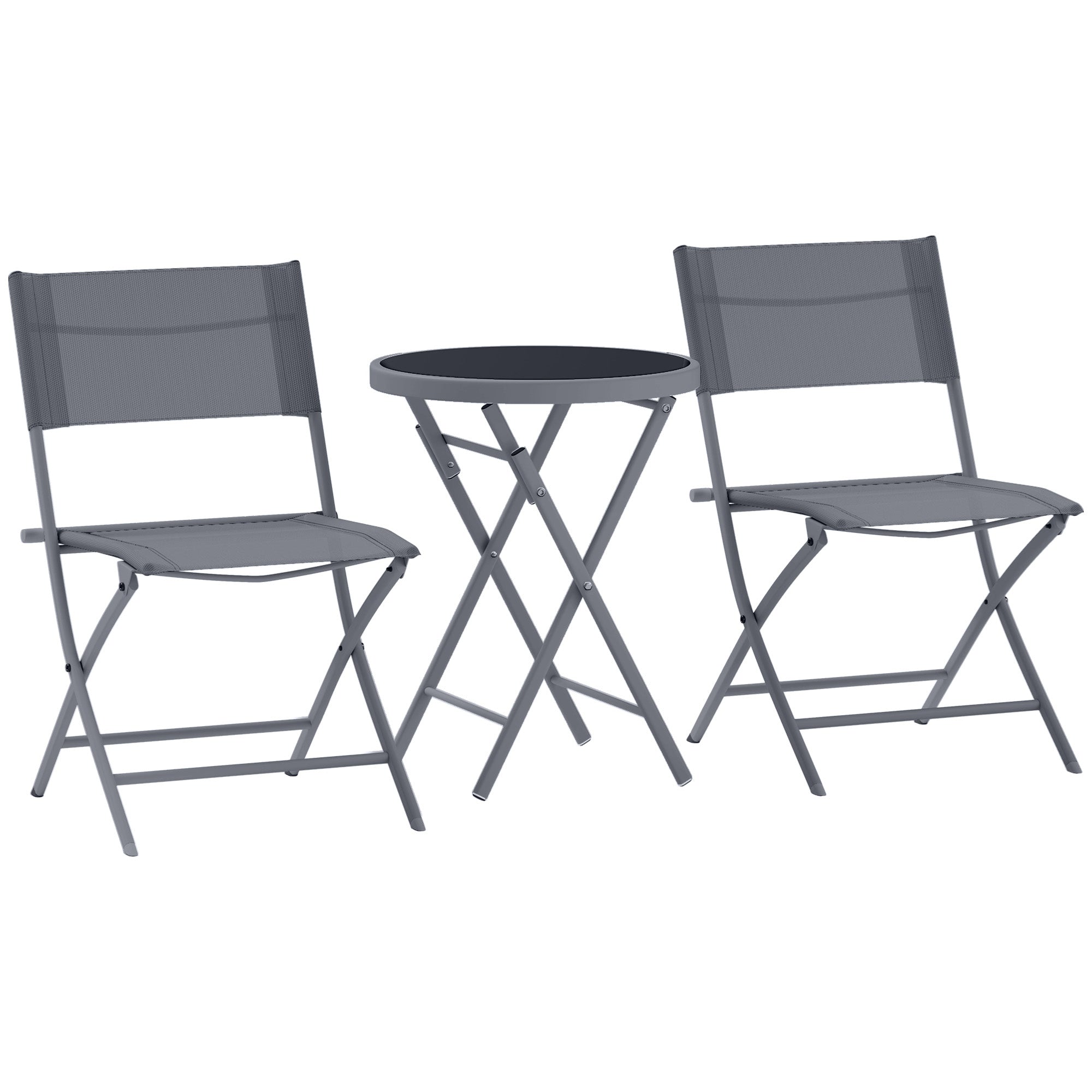 Outsunny 3 Pieces Outdoor Bistro Set, Glass Top Outdoor Table and 2 Folding Chairs with Protecting Feet, Grey - North Peak Garden Furniture
