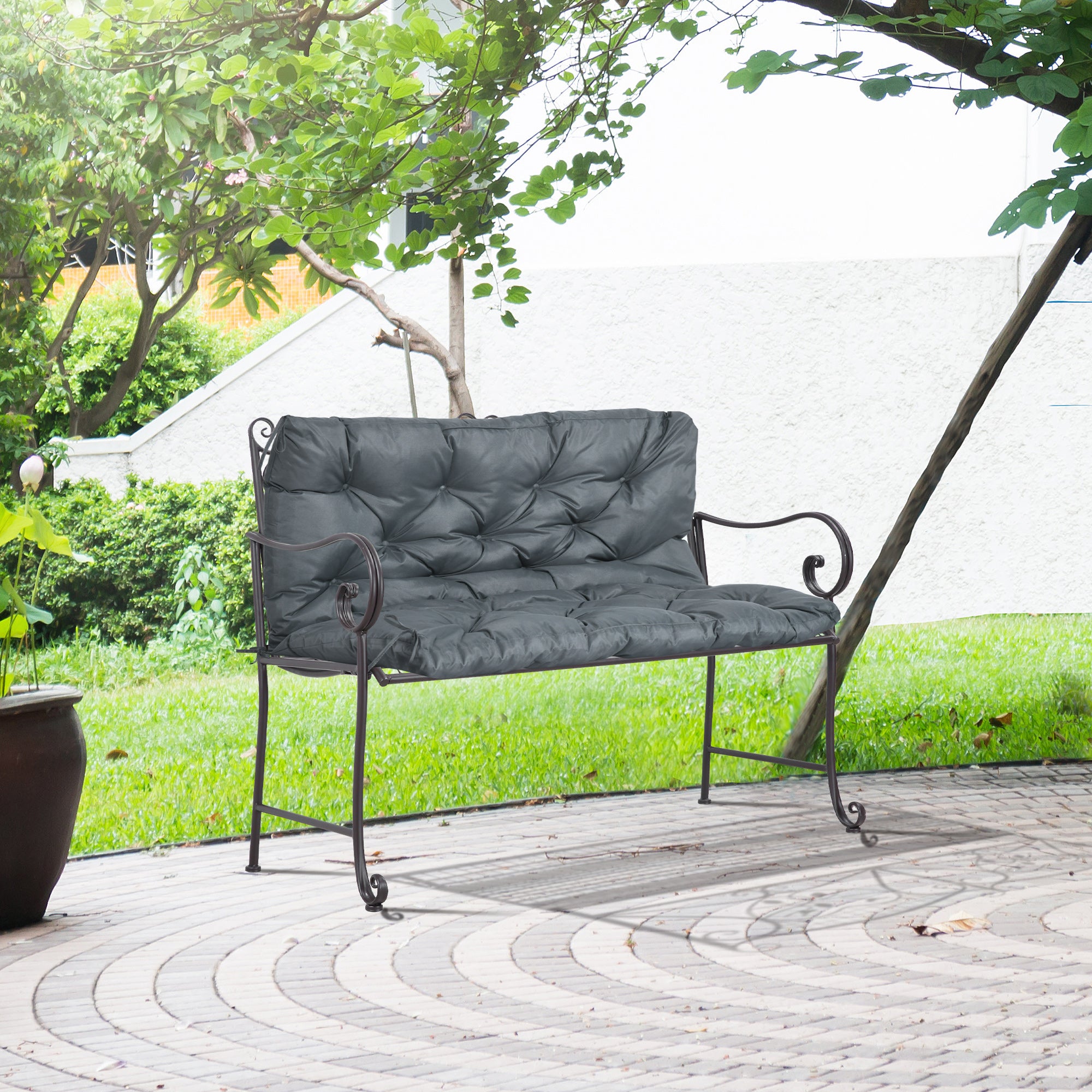 Outsunny 2 Seater Bench Cushion, Garden Chair Cushion with Back and Ties for Indoor and Outdoor Use, 98 x 100 cm, Dark Grey - North Peak Garden Furniture