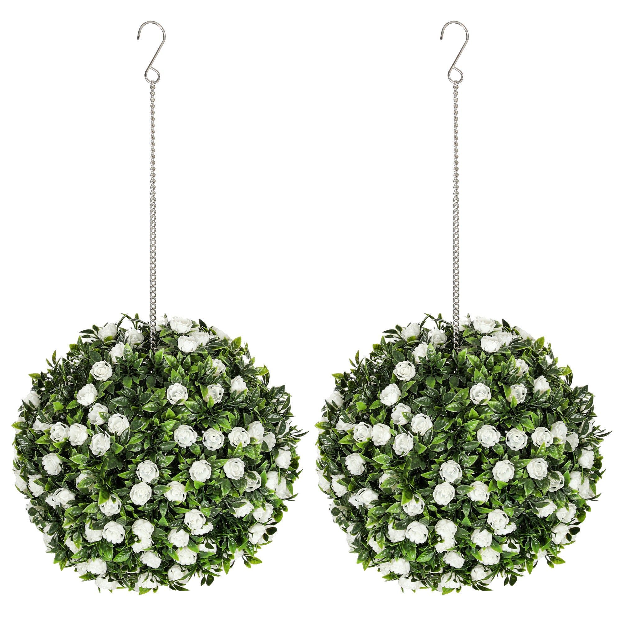 HOMCOM Set of 2 Decorative Artificial Plants, UV-protected Artificial Plant Topiary Rose Balls, Fake Plants for Home Indoor outdoor Decor, 28cm, White - North Peak Garden Furniture