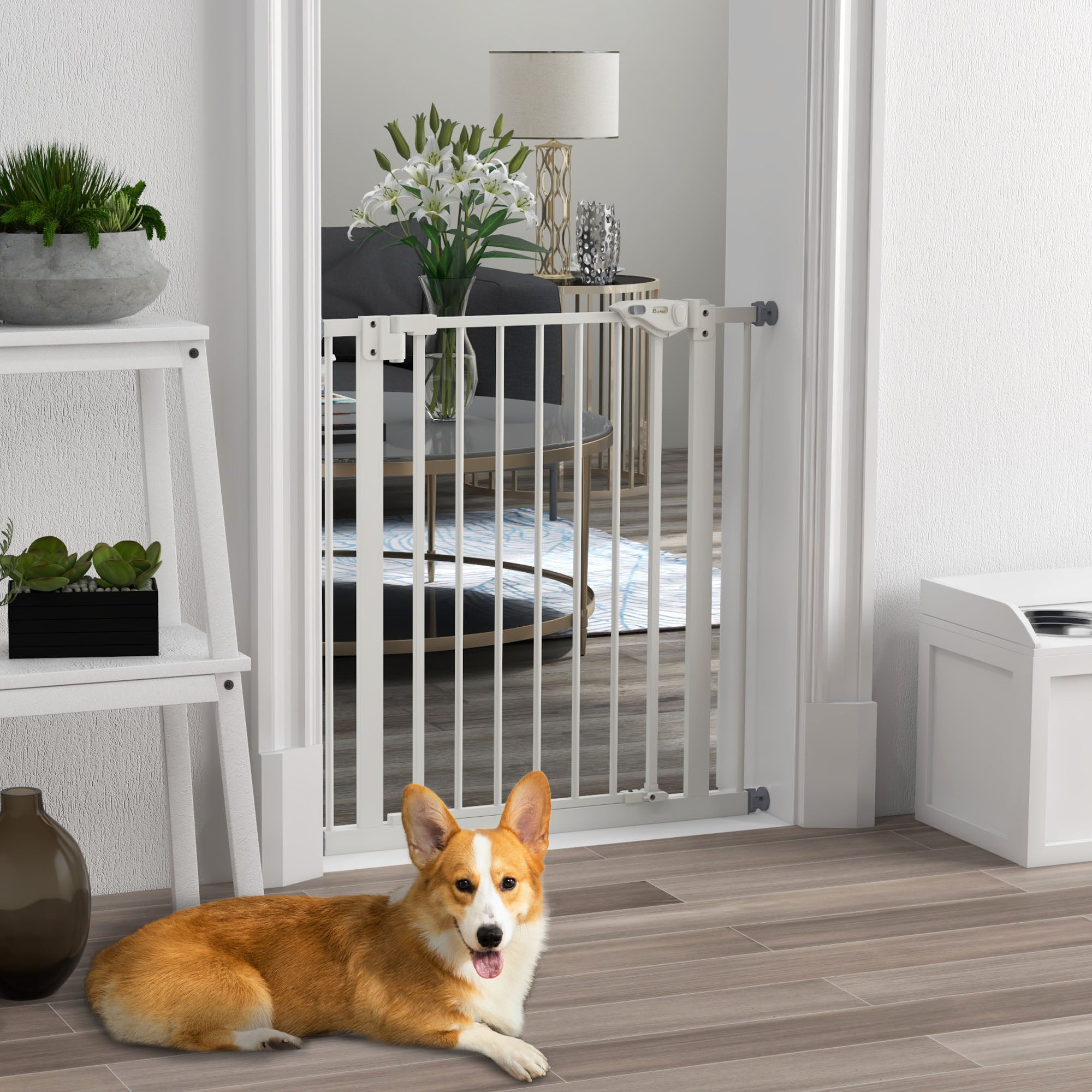 PawHut Metal 74-80cm Wide Adjustable Dog Gate White - North Peak Garden Furniture