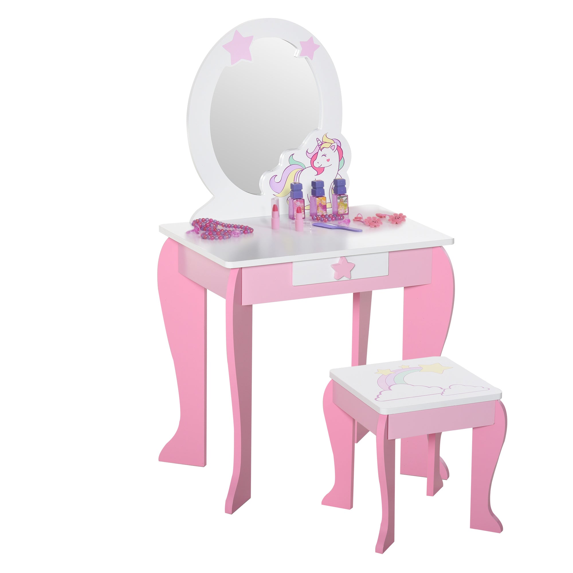 HOMCOM Kids Dressing Table with Mirror, Stool, Pink - North Peak Garden Furniture