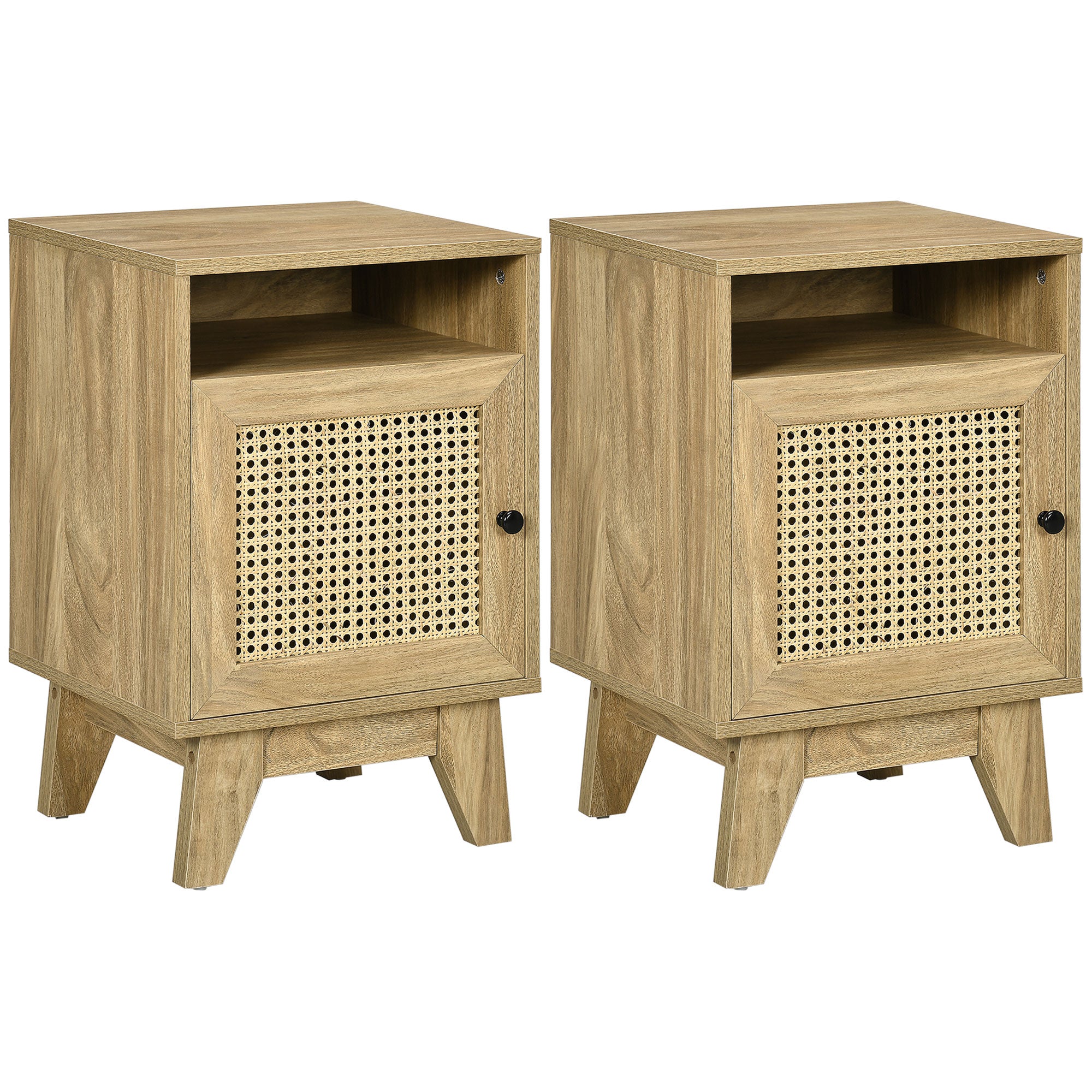 HOMCOM Bedside Table with Rattan Element, Side End Table with Shelf and Cupboard, 39cmx35cmx60cm, Natural