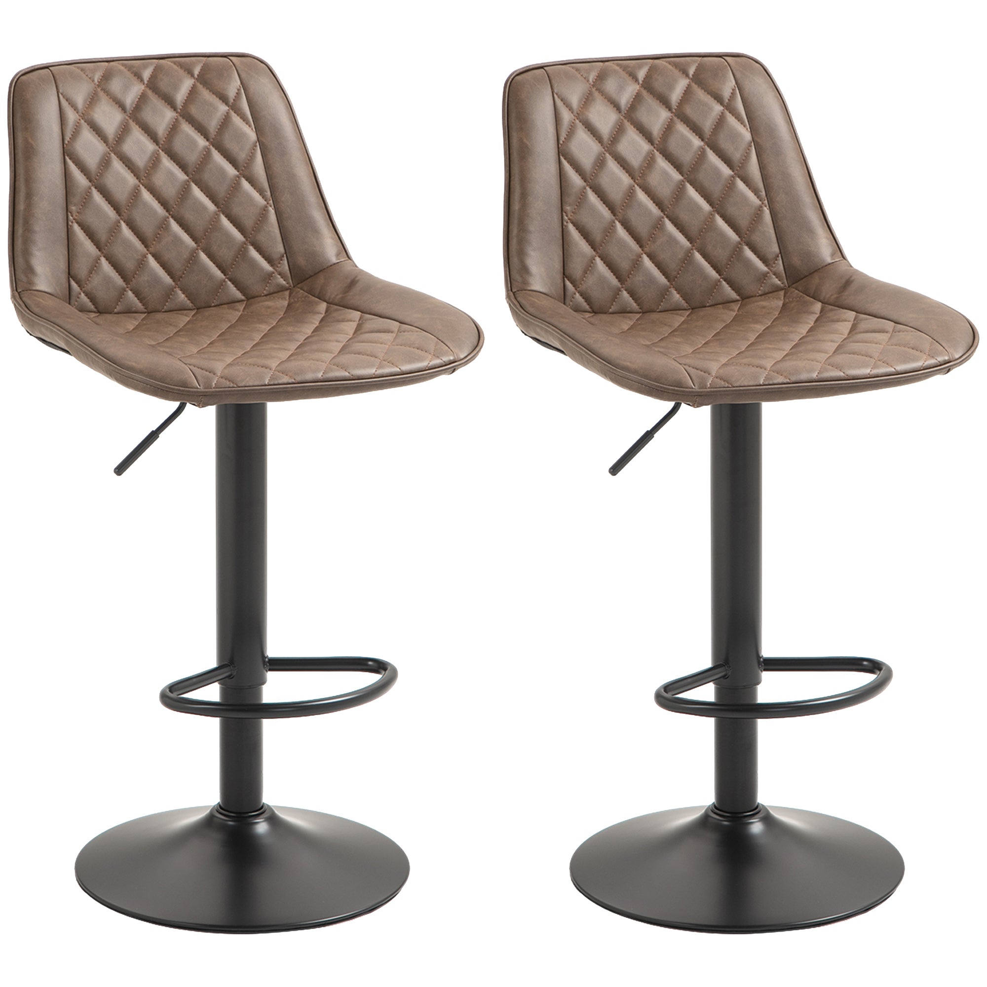 HOMCOM Bar Stools Set of 2, Retro Adjustable Kitchen Stool, Swivel PU Leather Upholstered Bar Chairs with Back, Footrest and Steel Base, Brown - North Peak Garden Furniture