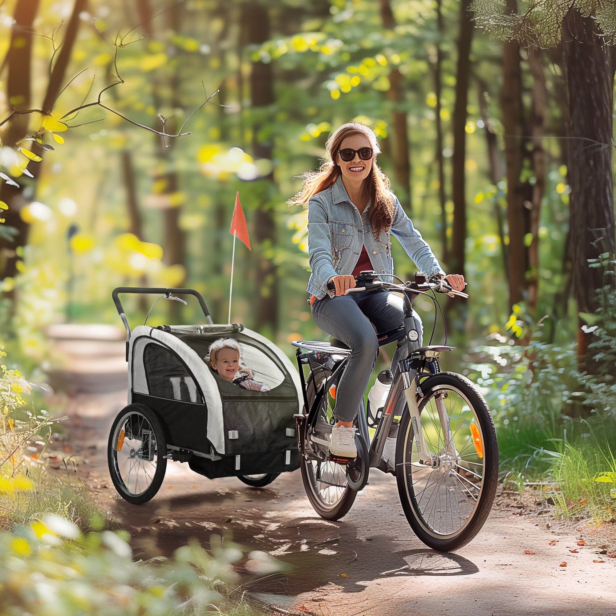 HOMCOM 2 Seat Bike Trailer with 5 Point Harness, Baby Bike Stroller with Safety Flag, Reflectors, for 18+ Months, Black - North Peak Garden Furniture