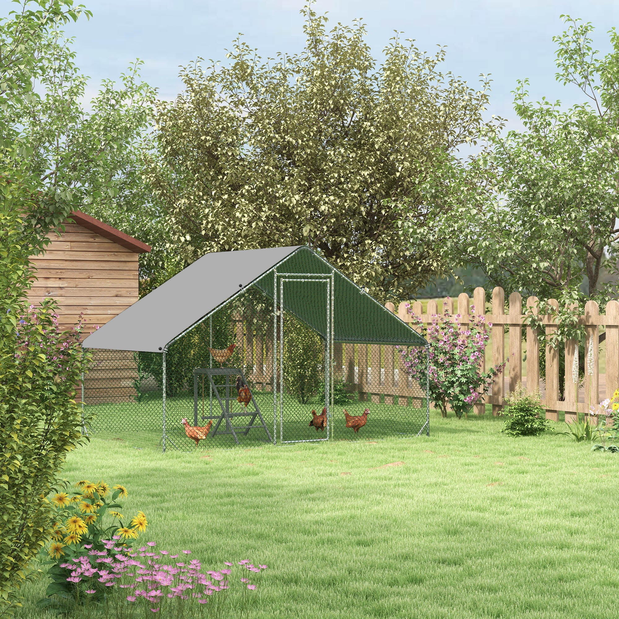 PawHut Walk In Chicken Run with Chicken Activity Shelf and Cover, 3 x 2 x 2m - North Peak Garden Furniture