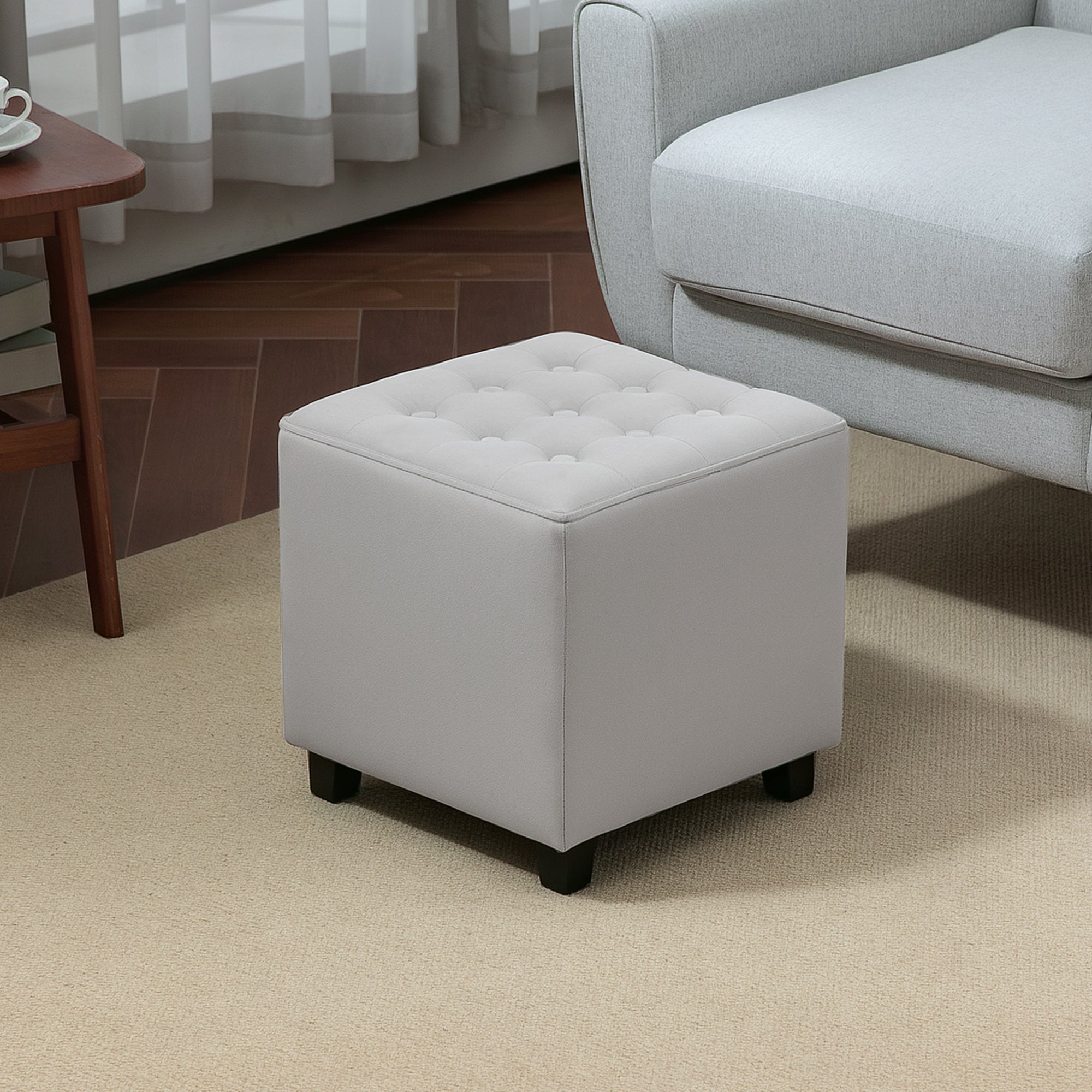 HOMCOM Velvet-Feel Square Ottoman - Light Grey - North Peak Garden Furniture