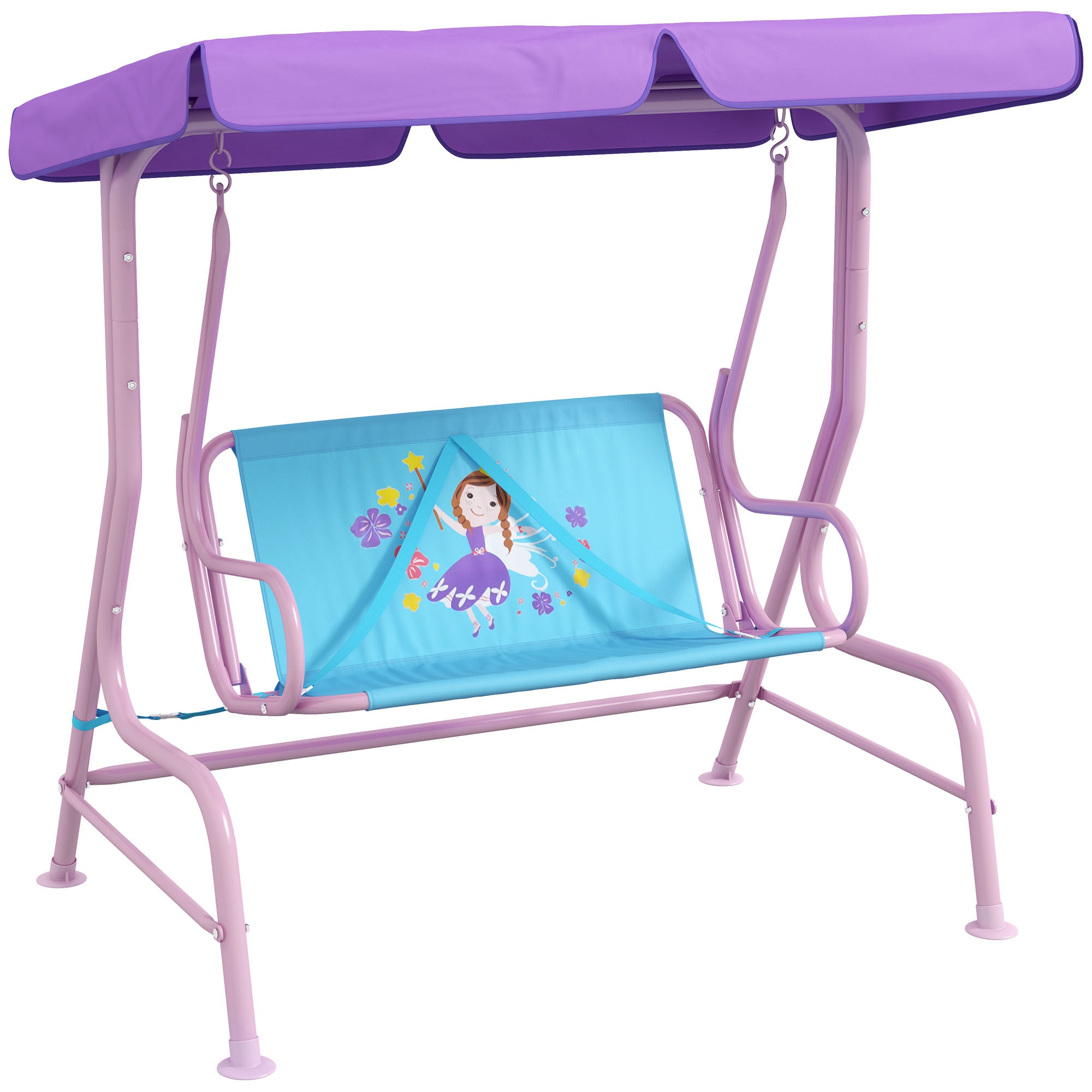 Outsunny Two Seater Kids Garden Swing, Fairy Themed kids Swing Chair with Adjustable Canopy, Safety Belts for Outdoor Use - North Peak Garden Furniture