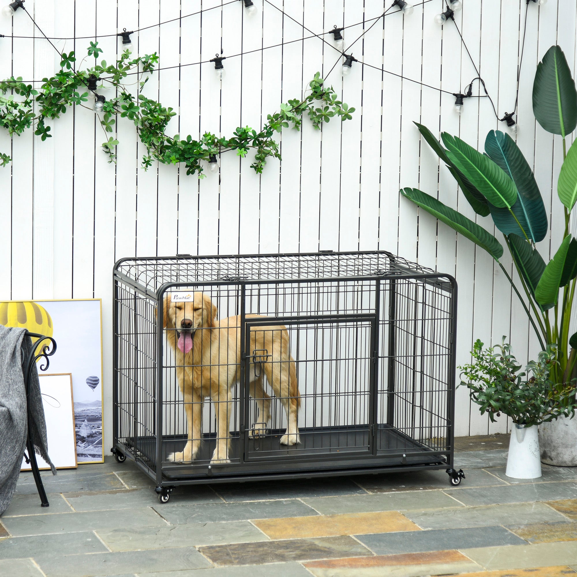 PawHut Metal Dog Cage Kennel Locking Door & Wheels Removable Tray Openable Top For Extra Large Pets 125 x 76 x 81 cm - North Peak Garden Furniture