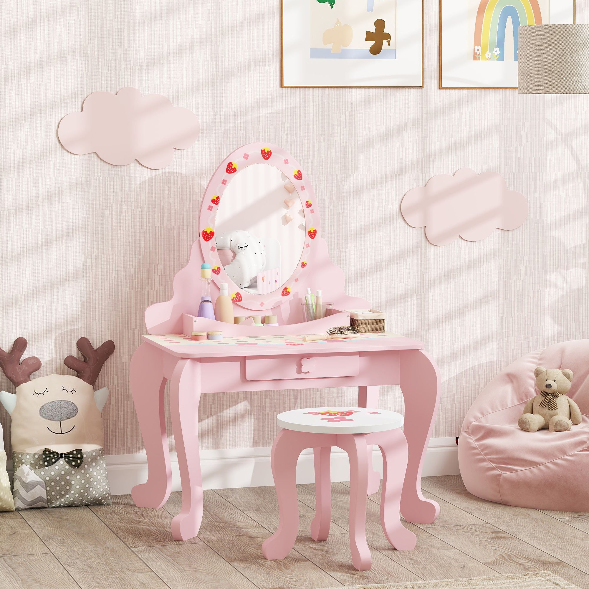 AIYAPLAY Kids Dressing Table Set, Vanity Table with Stool, Mirror, Drawer, Desktop Storage, Strawberry Theme, Pink - North Peak Garden Furniture
