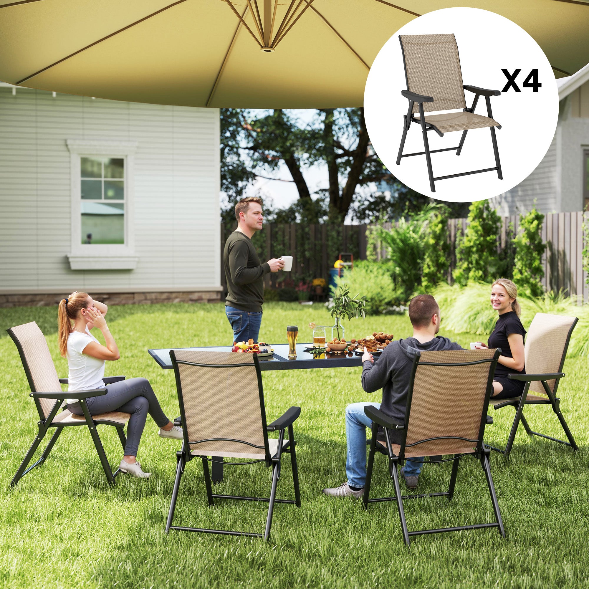 Outsunny Set of Four Folding Outdoor Chairs - Brown/Black - North Peak Garden Furniture