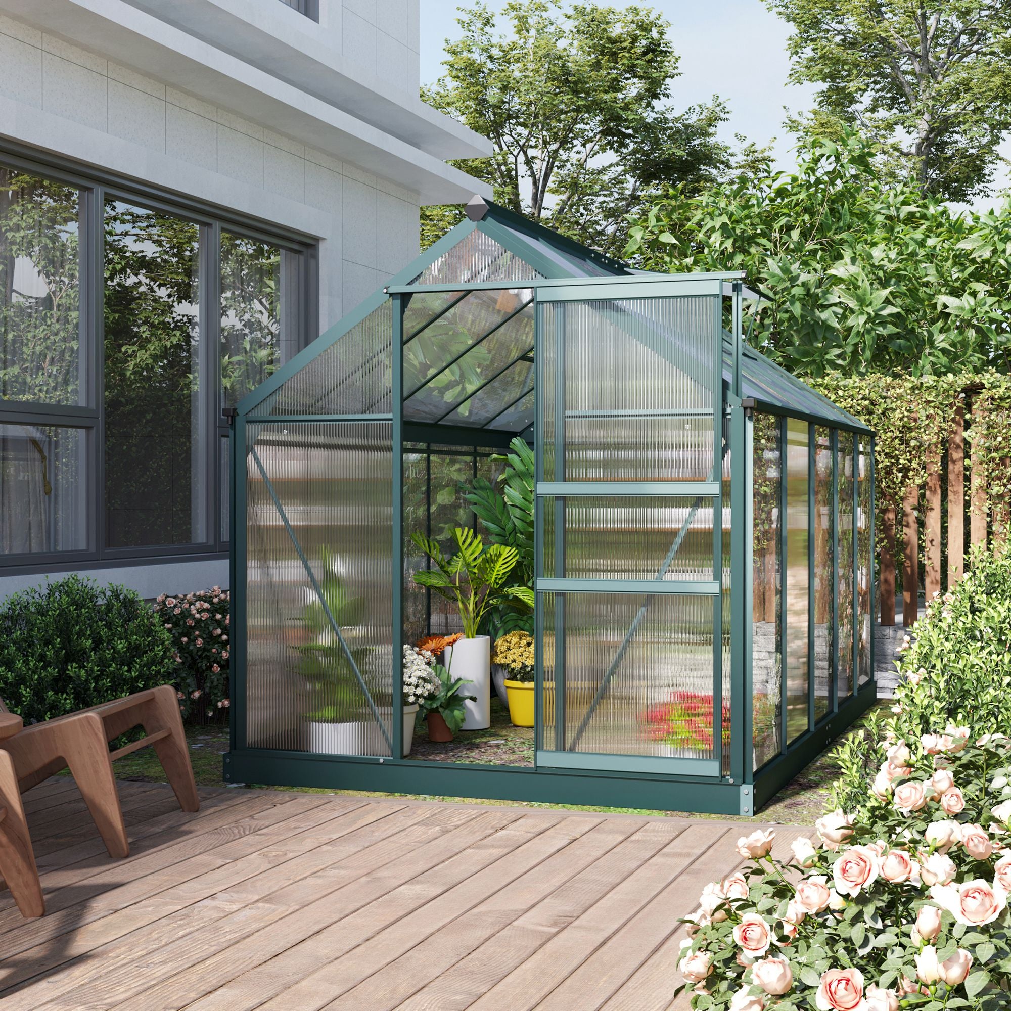 Outsunny 6 x 10ft Polycarbonate Greenhouse, Large Walk-In Green House with Slide Door and Window, Garden Plants Grow House with Aluminium Frame and Foundation, Dark Green - North Peak Garden Furniture