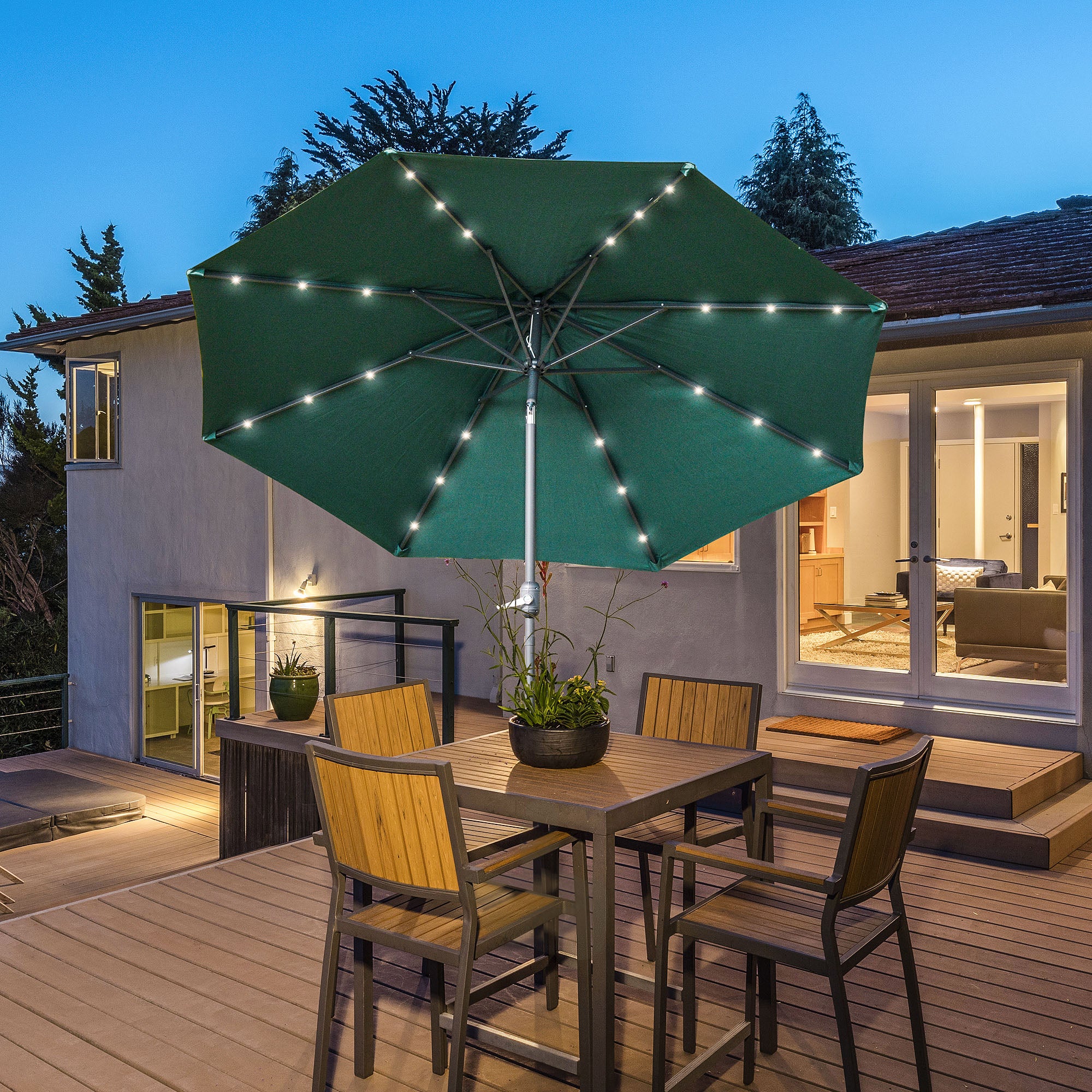 Outsunny 2.7m Patio Garden Umbrella Outdoor Parasol with Tilt Crank and 24 LEDs Lights (Green) - North Peak Garden Furniture