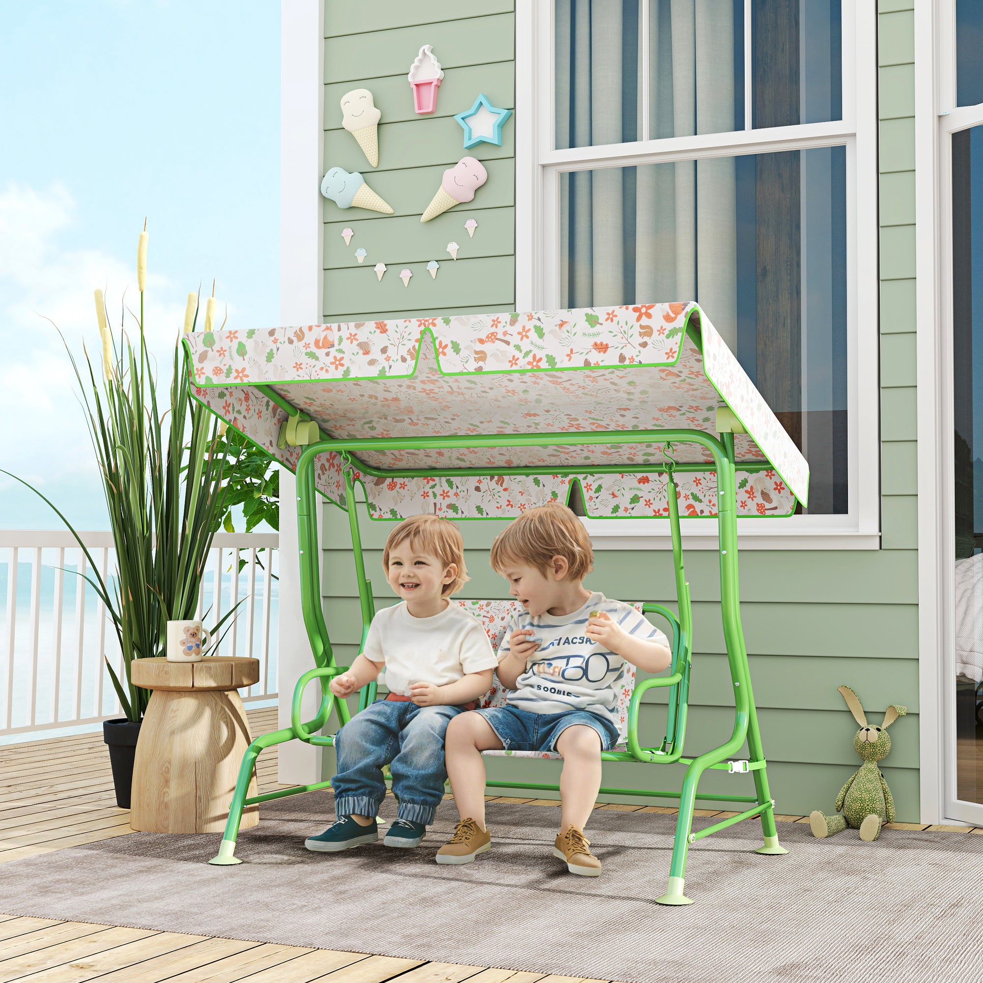 AIYAPLAY Kids Garden Swing Chair with Adjustable Canopy, Safety Belt, 2 Seater Hammock Swing Bench for Patio, Porch, Green - North Peak Garden Furniture