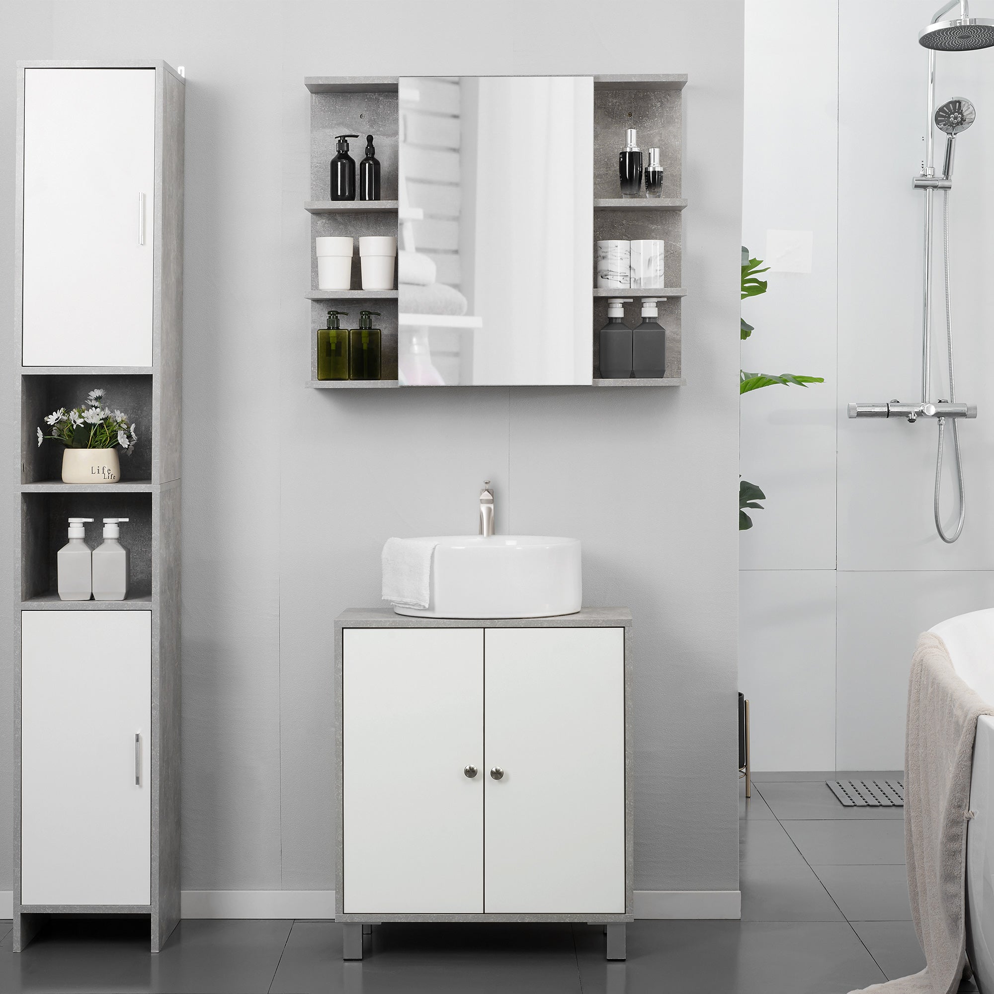 kleankin Under Sink Cabinet, Bathroom Vanity Unit, Pedestal Under Sink Design, Storage Cupboard with Adjustable Shelves, White and Grey - North Peak Garden Furniture