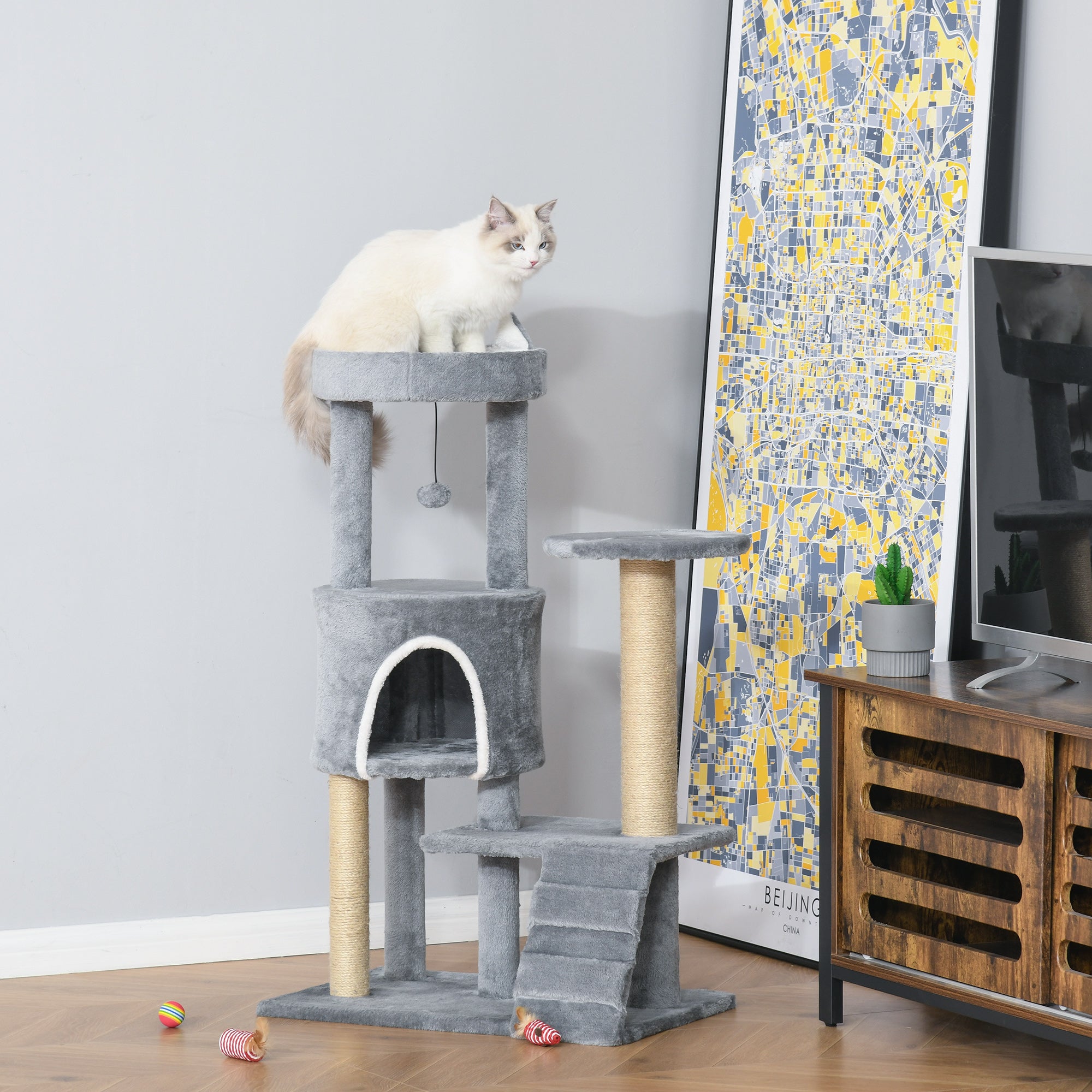 PawHut 100 cm Cat Tree, Cat Condo Tree Tower for Indoor Cats, Cat Activity Centre with Scratching Posts, Plush Perch, Ladder, Hanging Ball - Light Grey - North Peak Garden Furniture