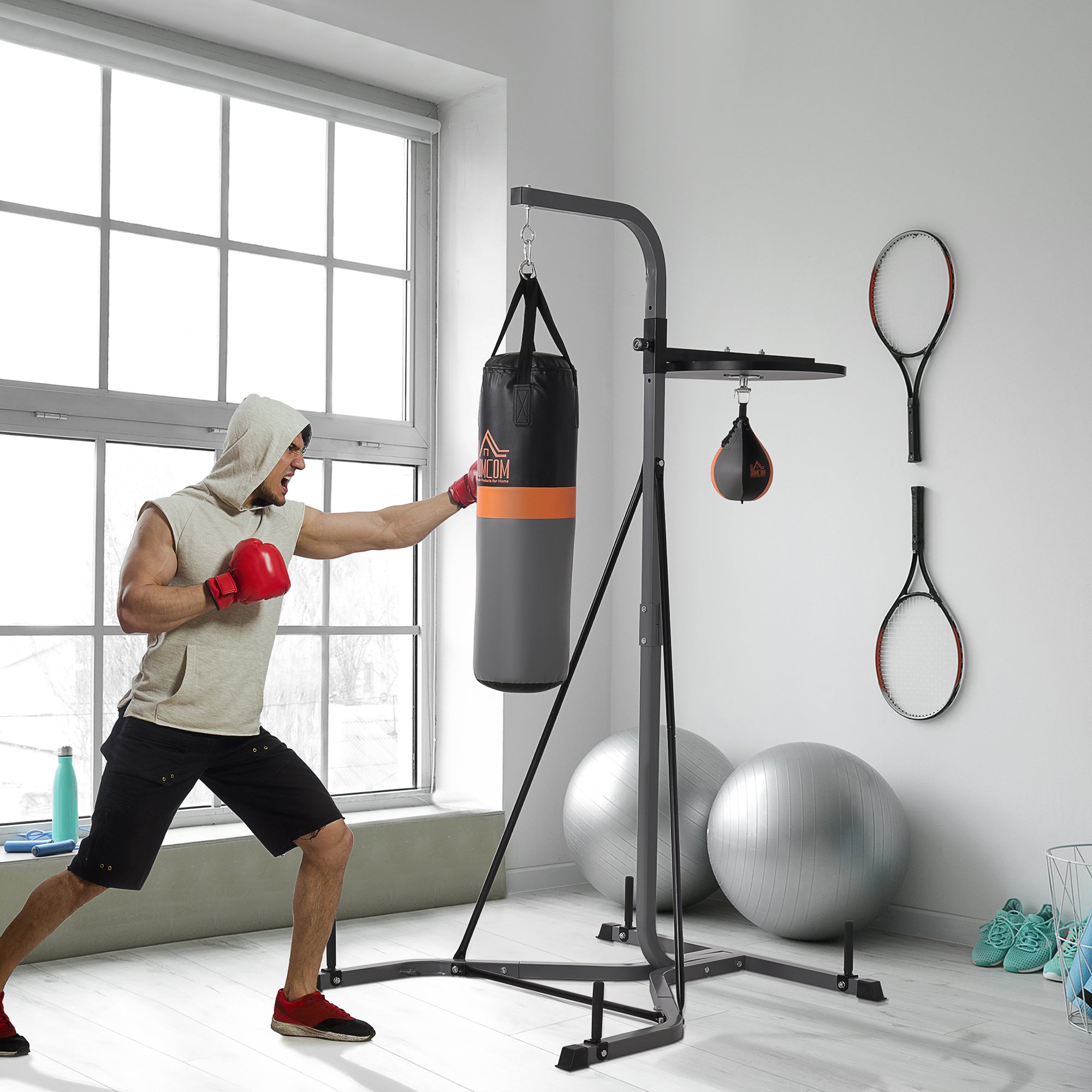 HOMCOM Freestanding Boxing Punch Bag & Speed Ball Station Hanging Frame Training Exercise Platform Home Gym Heavy Duty - North Peak Garden Furniture