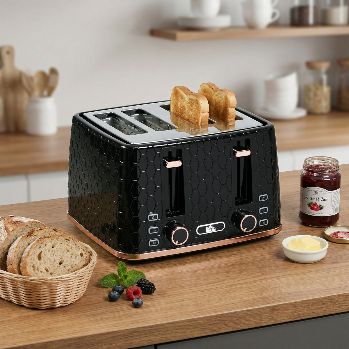 HOMCOM 4 Slice Toaster with 7 Browning Levels, High Lift, Reheat/Defrost/Cancel, Self-centring Function, Removable Crumb Tray, Auto Off, 1600W, Black Honeycomb Texture