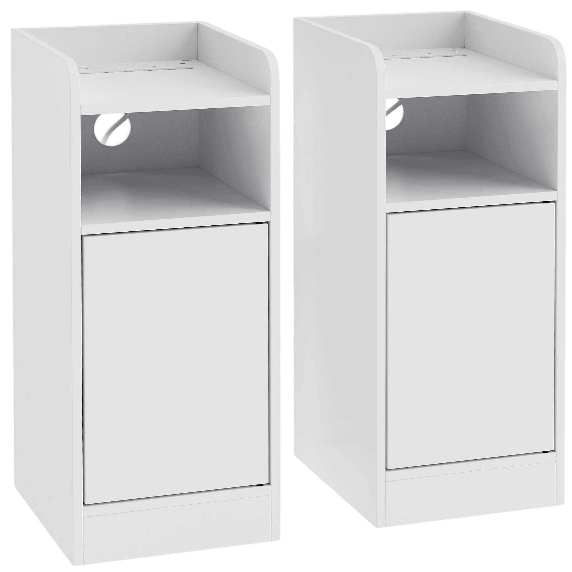 HOMCOM Slim Bedside Table Set of 2 with Charging Station, Narrow Bedside Cabinet with Adjustable Shelf, White