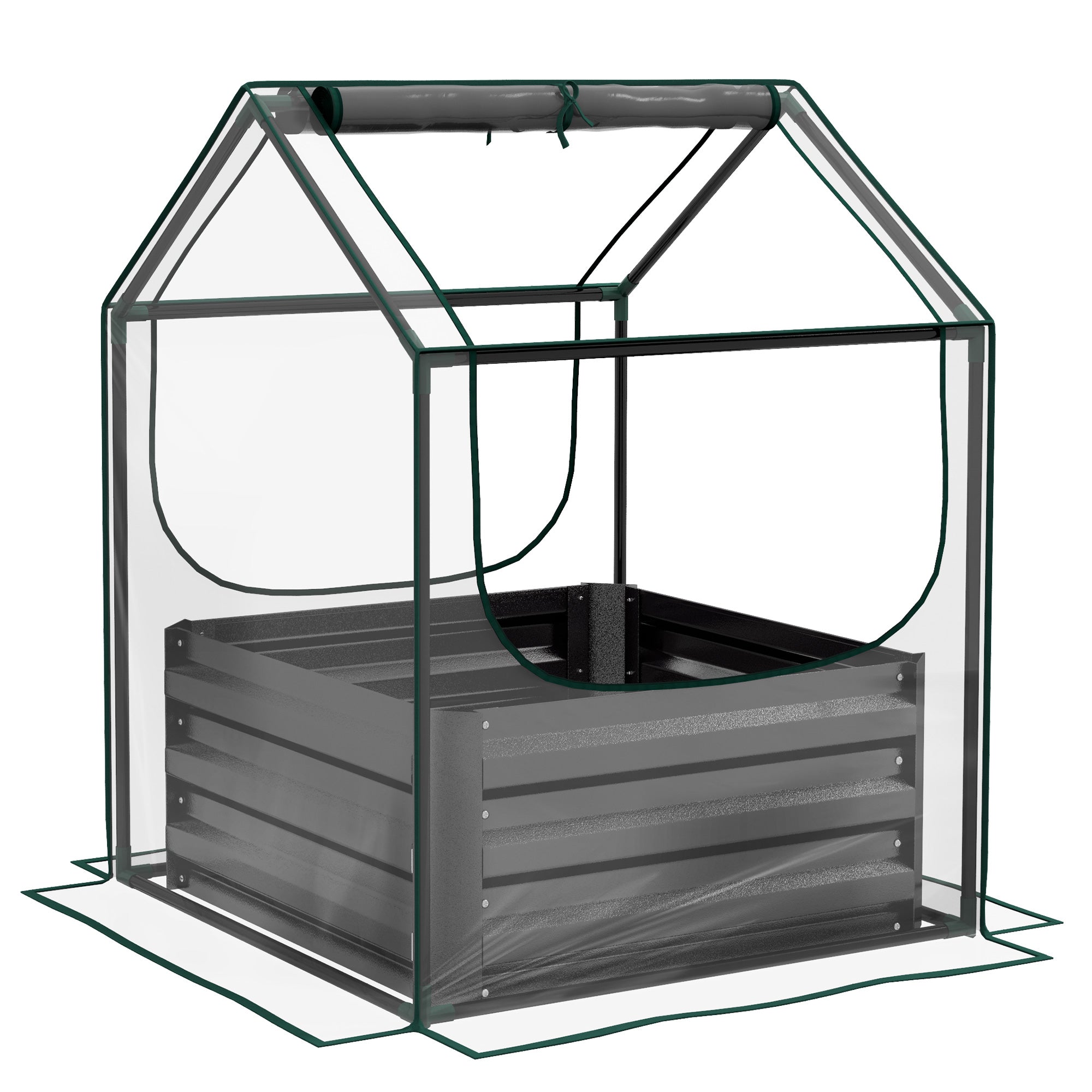 Outsunny Metal Planter Box with Cover, Raised Garden Bed with Greenhouse, for Herbs and Vegetables, Clear and Dark Grey - North Peak Garden Furniture