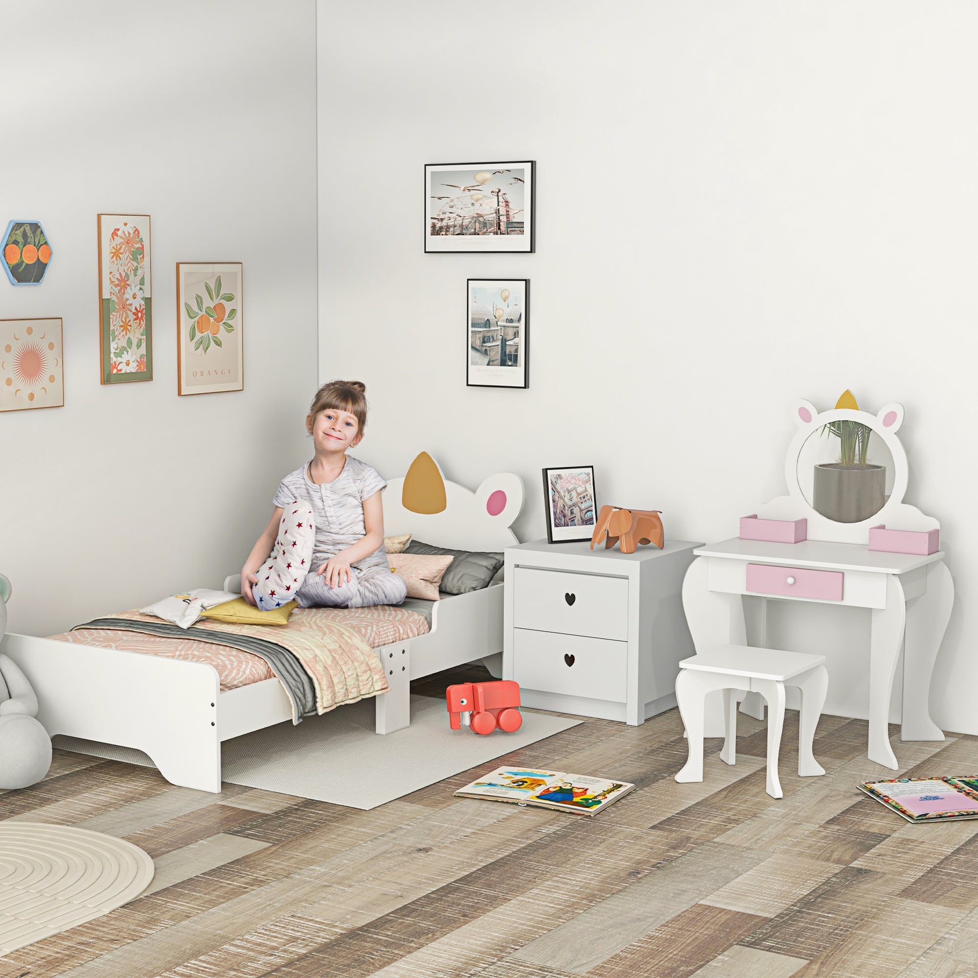 ZONEKIZ Kids Bedroom Furniture Set with Kids Dressing Table with Mirror and Stool, Toddler Bed Frame for 3-6 Years, Unicorn Design - North Peak Garden Furniture