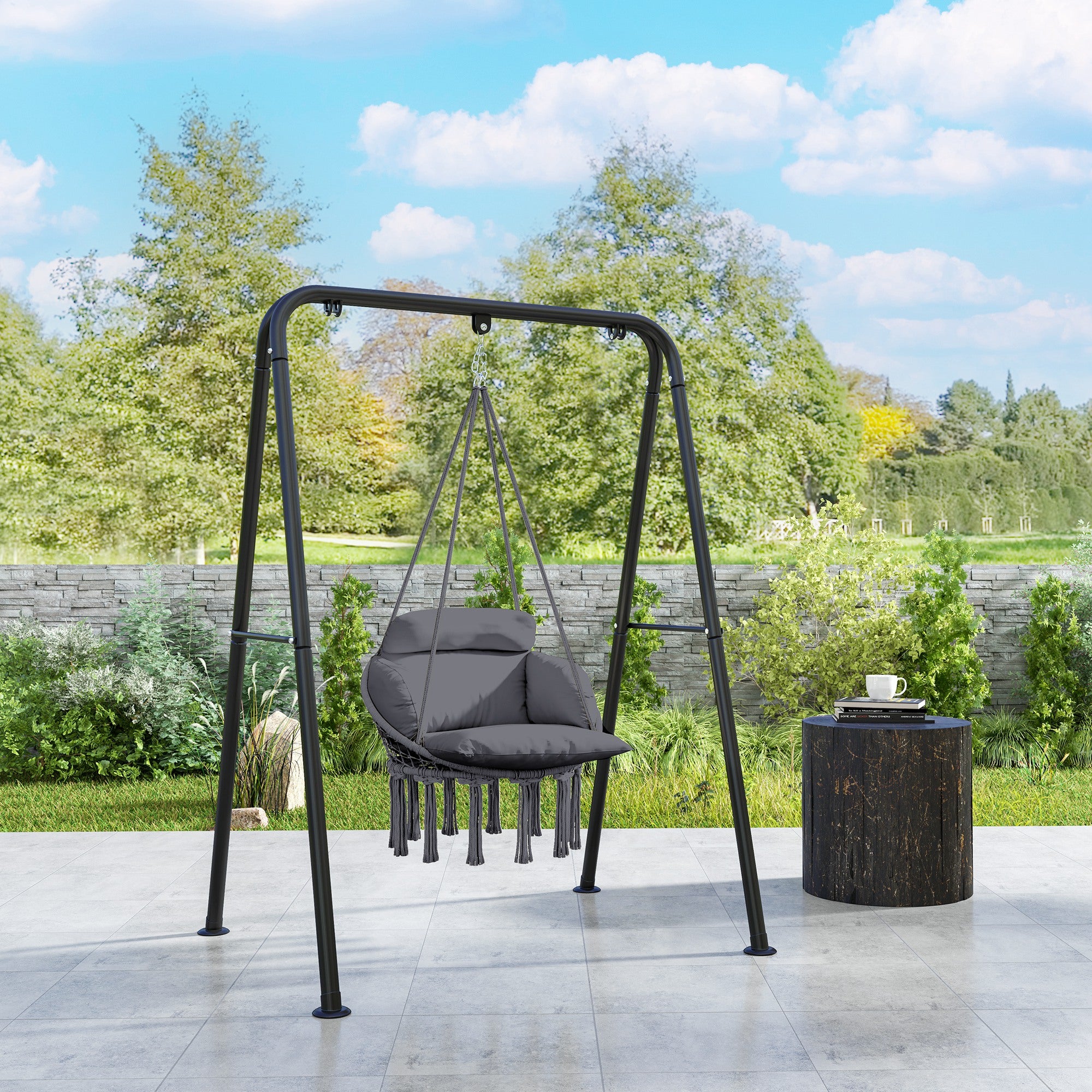 Outsunny Hanging Chair Outdoor Hammock Chair with Soft Cushion, Cotton Rope Boho Style Swing Chair, Hanging Garden Swing Seat for Indoor Outdoor, Dark Grey - North Peak Garden Furniture
