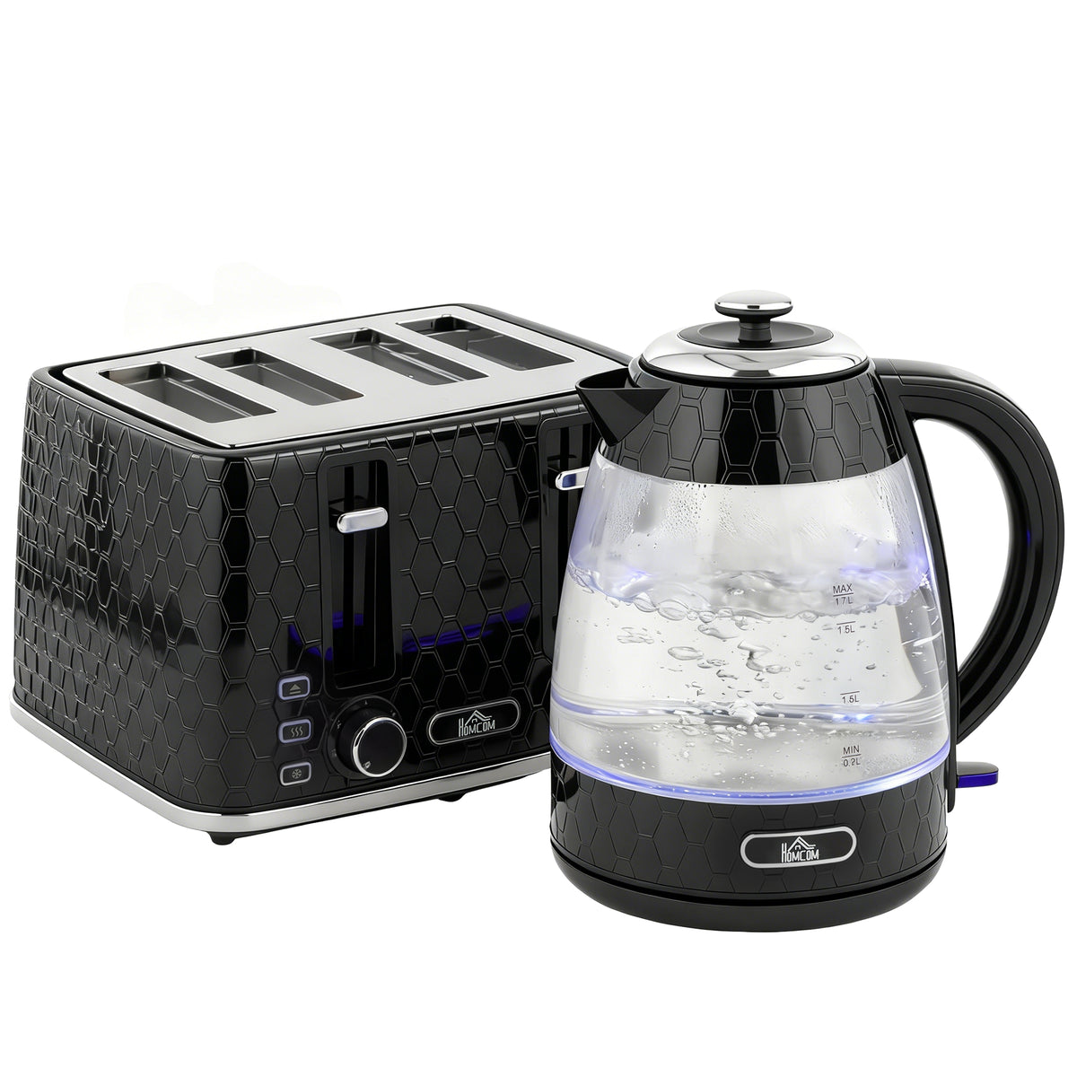 HOMCOM Kettle and Toaster Set, 1.7L 3000W Rapid Kettle with Strix Thermostat, 4 Slice Toaster with 7 Browning Controls, Black