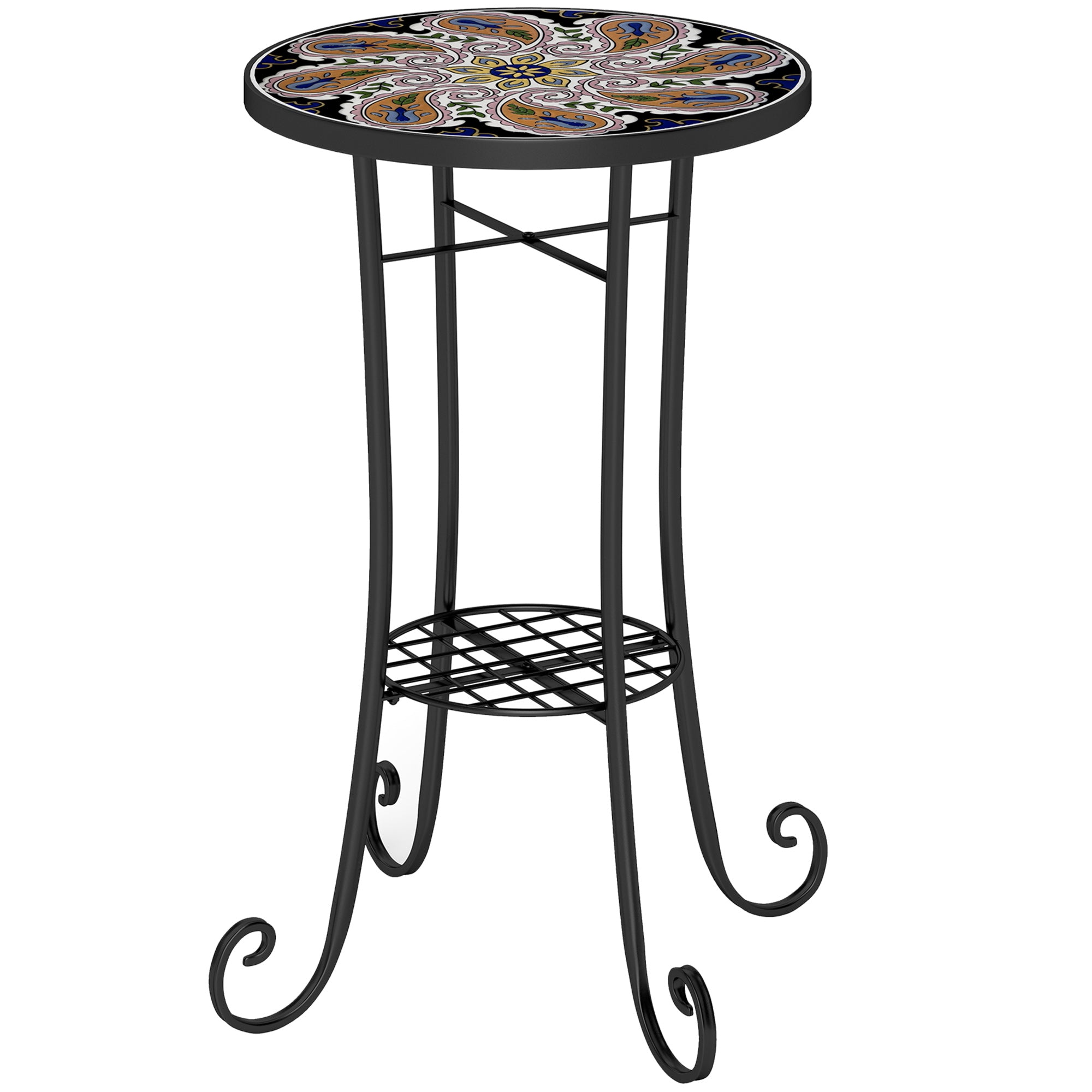Outsunny Mosaic Garden Table, 35.5 cm Round Outdoor Table with Shelf, Ceramic Tile Top, Small Garden Side Table Bistro Table End Table Plant Stand for Indoor, Patio, Balcony, Orange - North Peak Garden Furniture