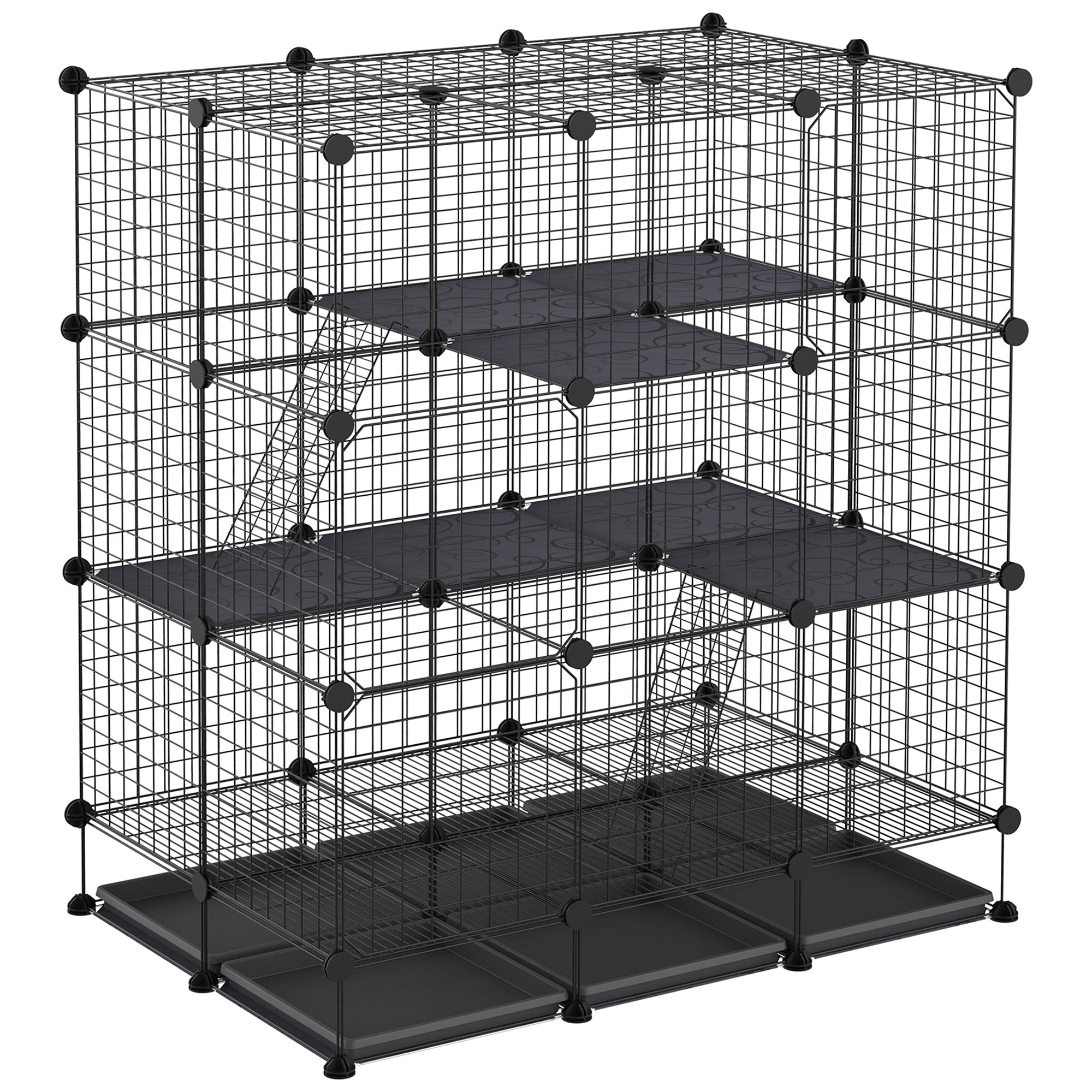 PawHut 3 Level DIY Pet Playpen Metal Small Animal Cage Rabbit Ferret Chinchillas Cage 4 Doors Bottom Trays Black - North Peak Garden Furniture