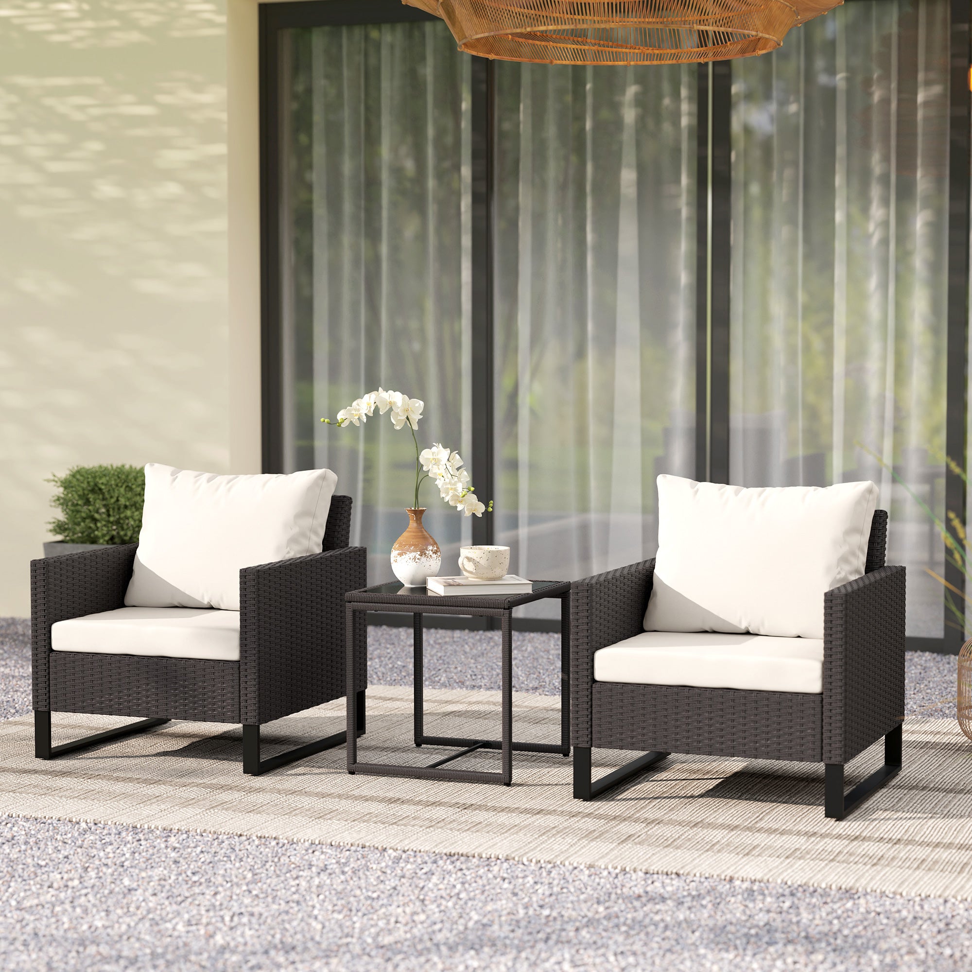 Outsunny 3 Pieces Rattan Bistro Set with 4 Cushions, Wicker Garden Furniture Set, Glass Top Coffee Table and Chairs for Outdoor Patio, Balcony, Terrace and Conservatory, Brown - North Peak Garden Furniture