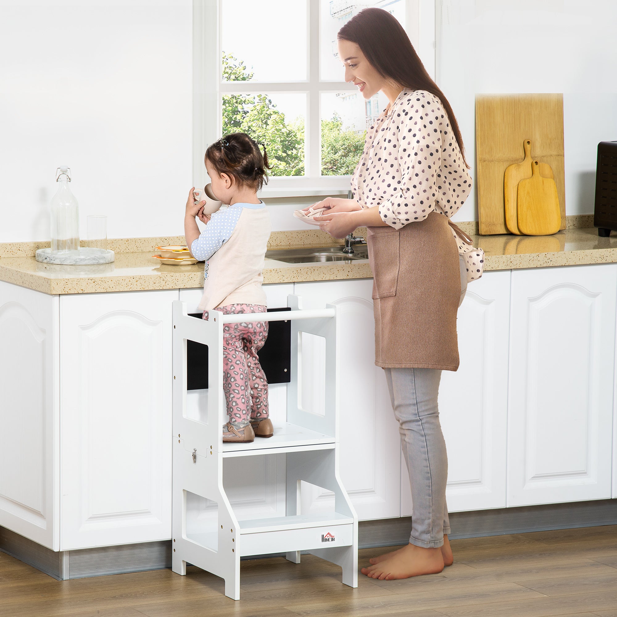 HOMCOM 2 in 1 Kids Kitchen Step Stool with Safety Rail Toddler Steps with Chalkboard for Kitchen Bathroom, White - North Peak Garden Furniture