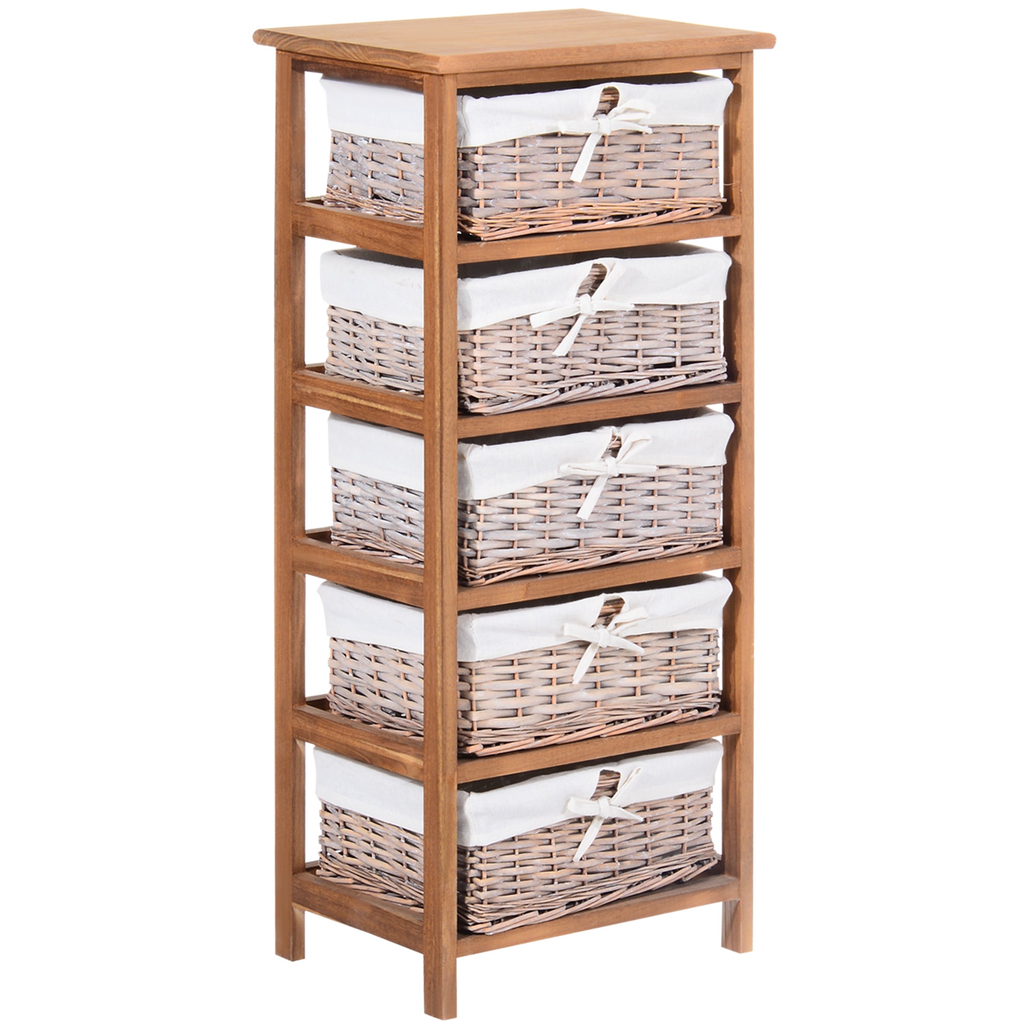 HOMCOM 5 Drawer Dresser Wicker Basket Storage Shelf Unit Wooden Frame Home Organisation Cabinet Bedroom Office Furniture Natural Finish - North Peak Garden Furniture