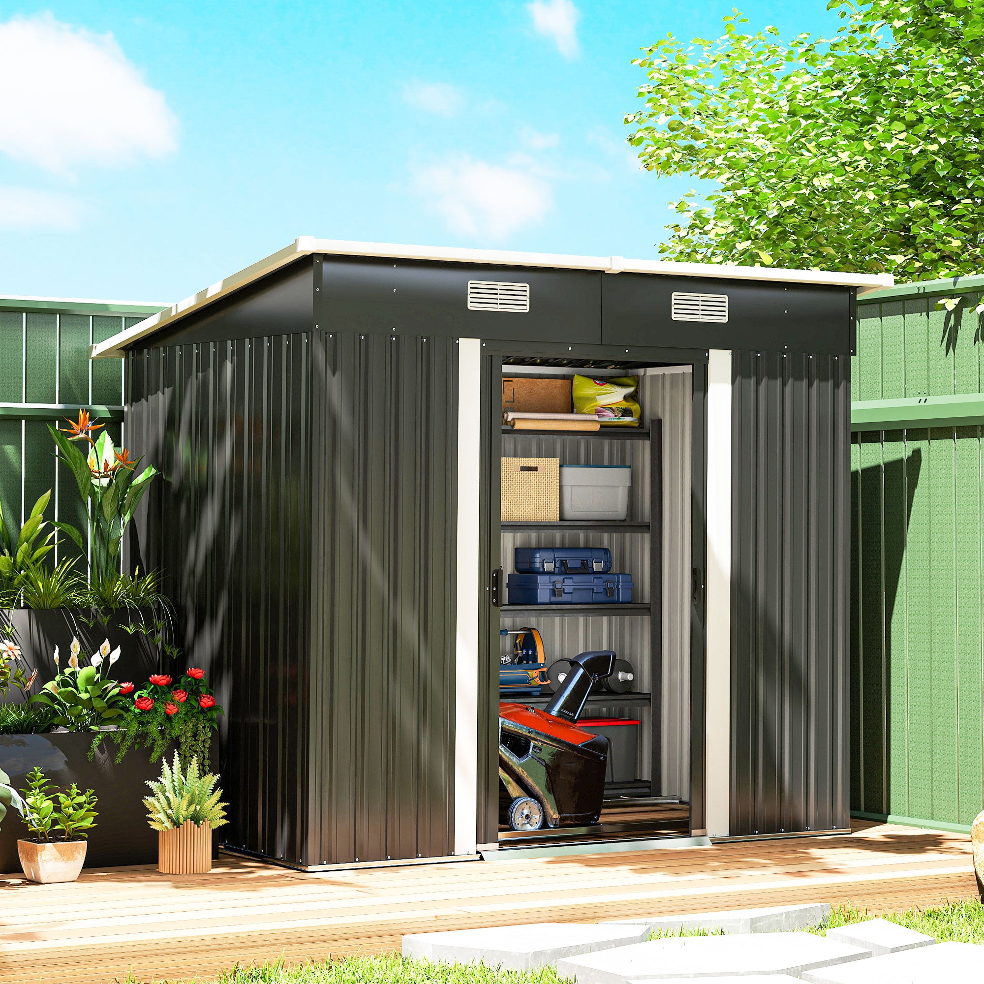 Outsunny 7 x 4ft Outdoor Storage Shed with Foundation Kit, Lean to Metal Garden Shed for Log, Rubbish Bin, Tool, Bike, Black