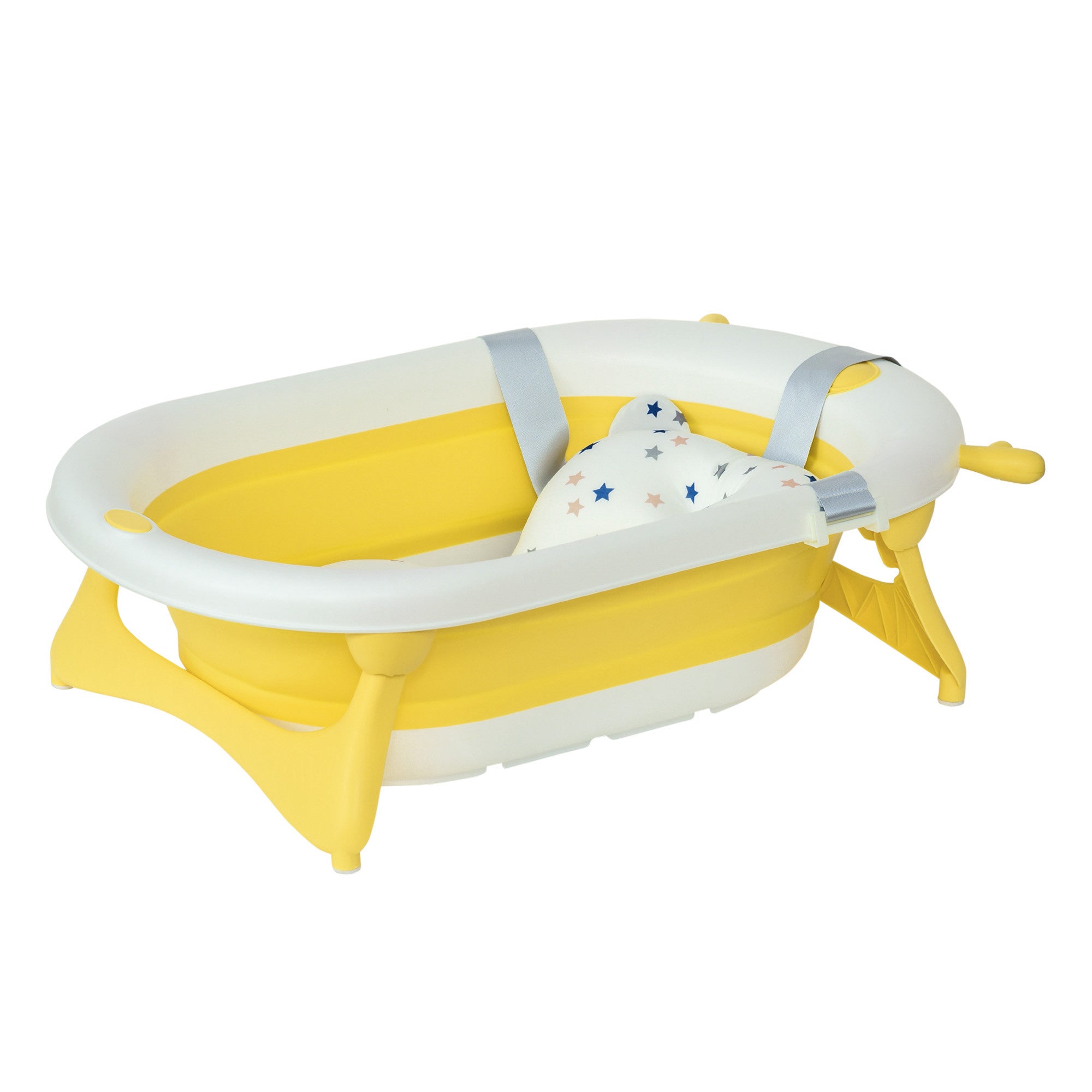 HOMCOM Foldable Baby Bathtub Set, Collapsible Bath Tub with Thermostatic Water Plug, Non-Slip Support, Cushion Pad, Drain Plugs, for Newborn to 3 Years - Yellow - North Peak Garden Furniture