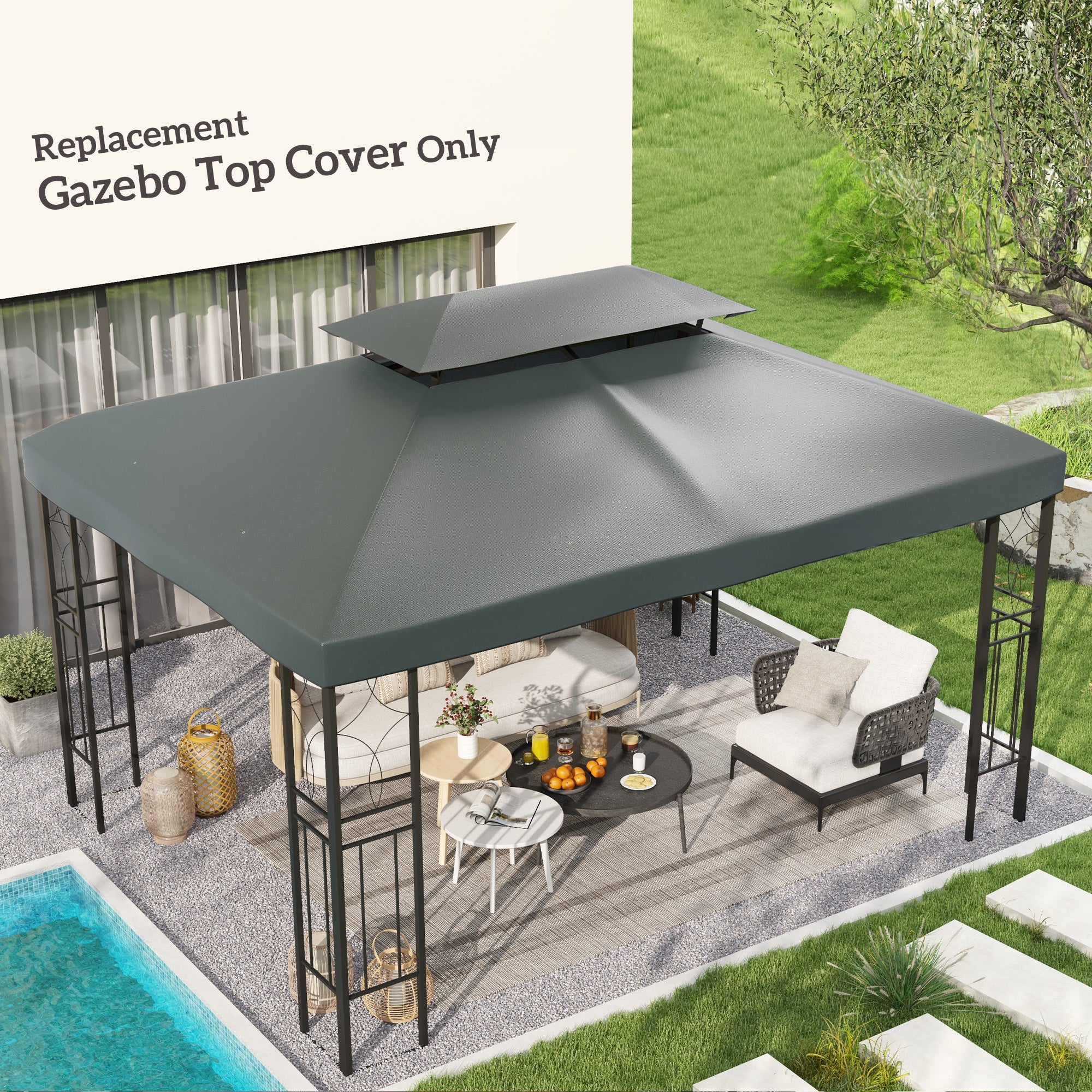 Outsunny 3x4m Gazebo Canopy Replacement Cover, 2 Tier Top Roof UV Cover Garden Patio Outdoor Sun Awning Shelters, Deep Grey (TOP COVER ONLY) - North Peak Garden Furniture