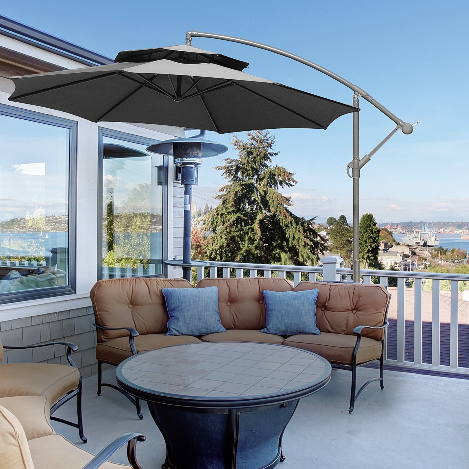 Outsunny 2.7m Garden Banana Parasol Cantilever Umbrella with Crank Handle, Double Tier Canopy and Cross Base for Outdoor, Hanging Sun Shade, Dark Grey - North Peak Garden Furniture