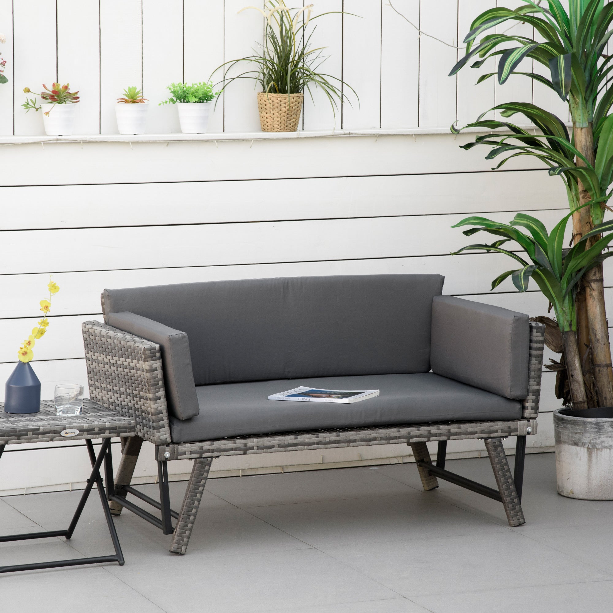 Outsunny 2 Seater Rattan Sofa with Cushions, 2-in-1 PE Rattan Daybed Sofa with Left Up or Down Armrests, Garden Chaise Lounger Loveseat for Outdoor, Patio, Mixed Grey - North Peak Garden Furniture