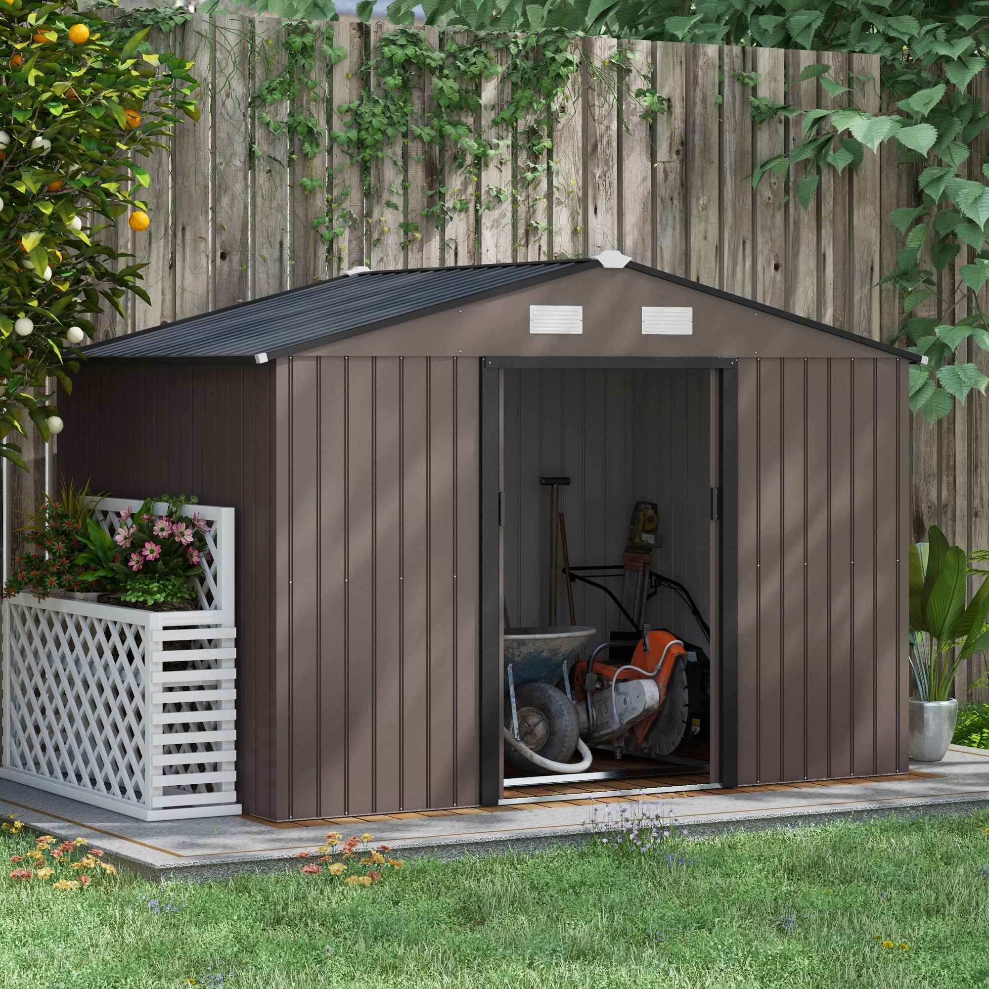 Outsunny 9 x 6ft Metal Garden Shed, Outdoor Storage Tool House with Ventilation Slots, Foundation Kit and Lockable Double Doors, Brown - North Peak Garden Furniture