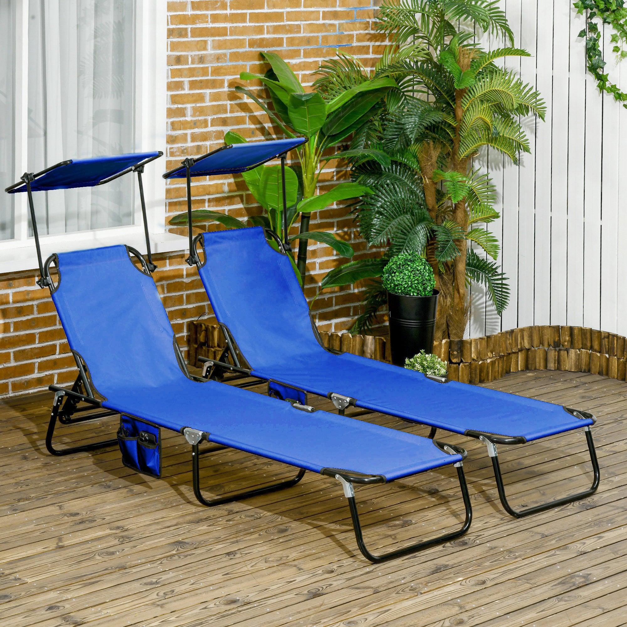 Outsunny Set of Two Folding Sun Loungers, with Adjustable Backs and Sun Canopies - Blue - North Peak Garden Furniture