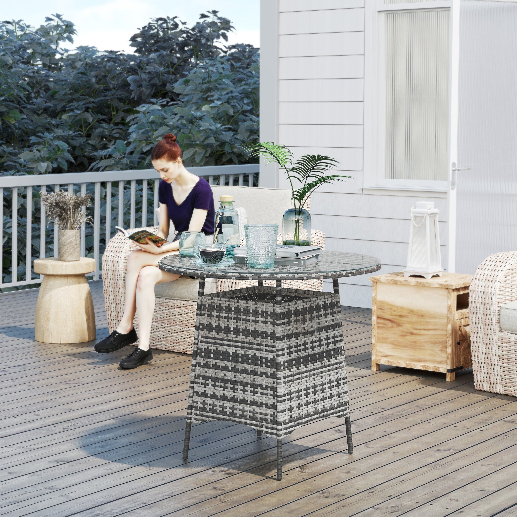 Outsunny Wicker Garden Rattan Table, Patio Furniture Outdoor Coffee Table with Umbrella Hole and Tempered Glass Top, Grey - North Peak Garden Furniture