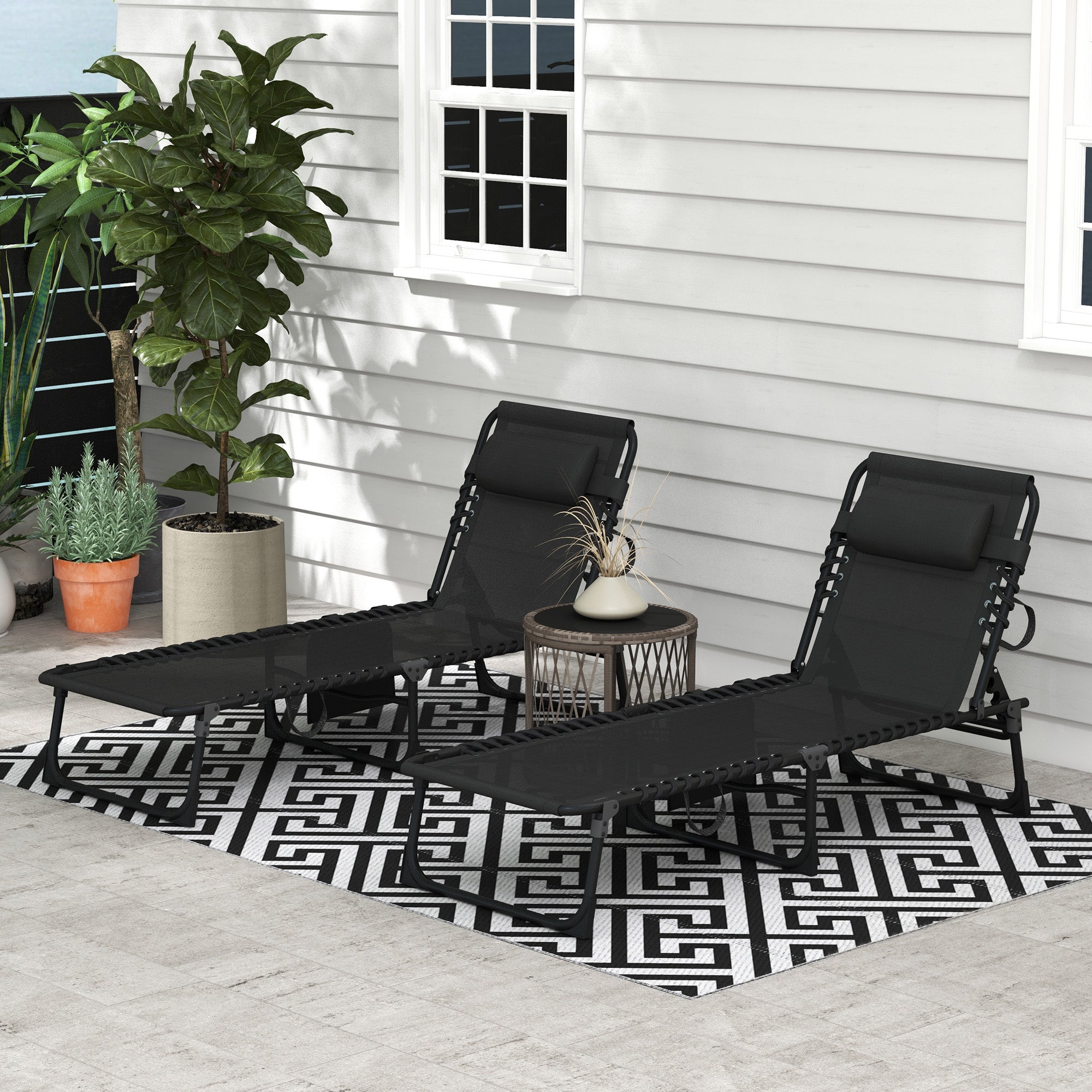Outsunny Portable Sun Lounger Set of 2, Folding Camping Bed Cot, Reclining Lounge Chair 5-position Adjustable Backrest with Side Pocket, Pillow for Patio Garden Beach Pool, Black - North Peak Garden Furniture