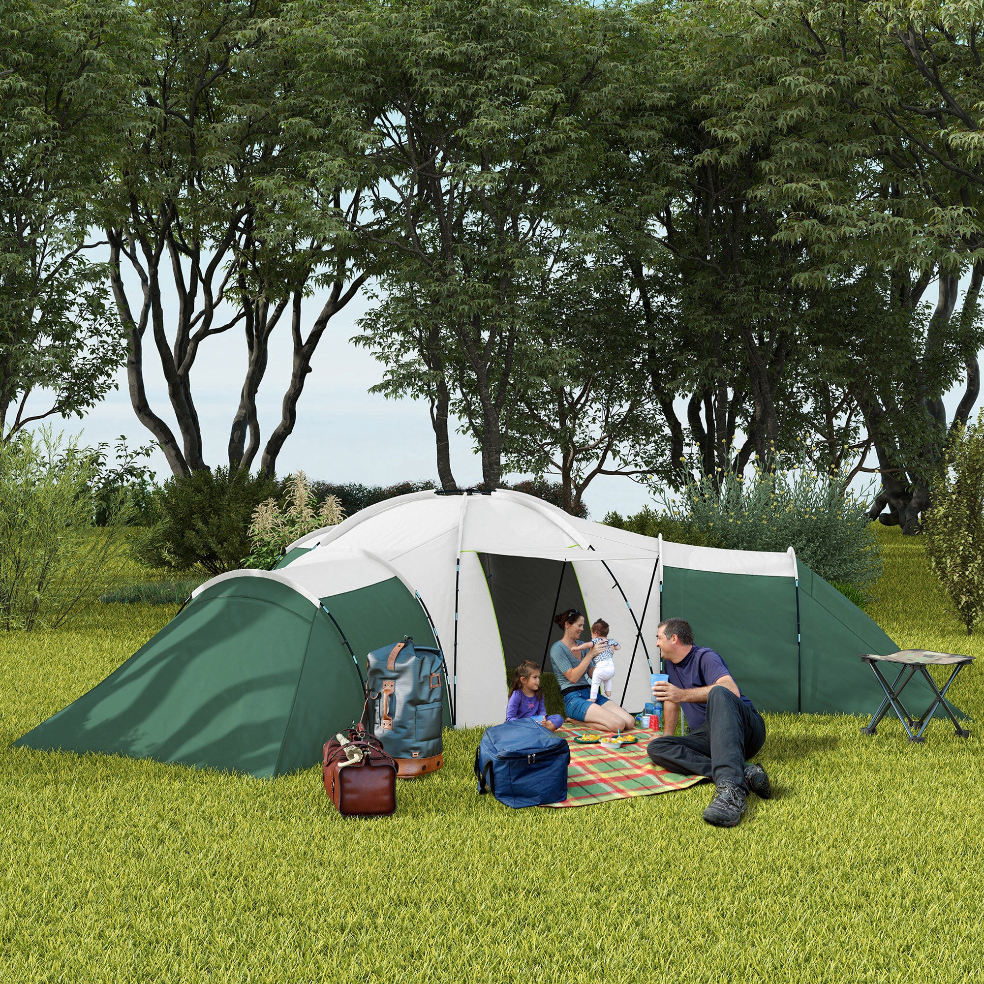 Outsunny 6-9 Man Tent with Bedrooms and Living Room, Accessories Included - North Peak Garden Furniture